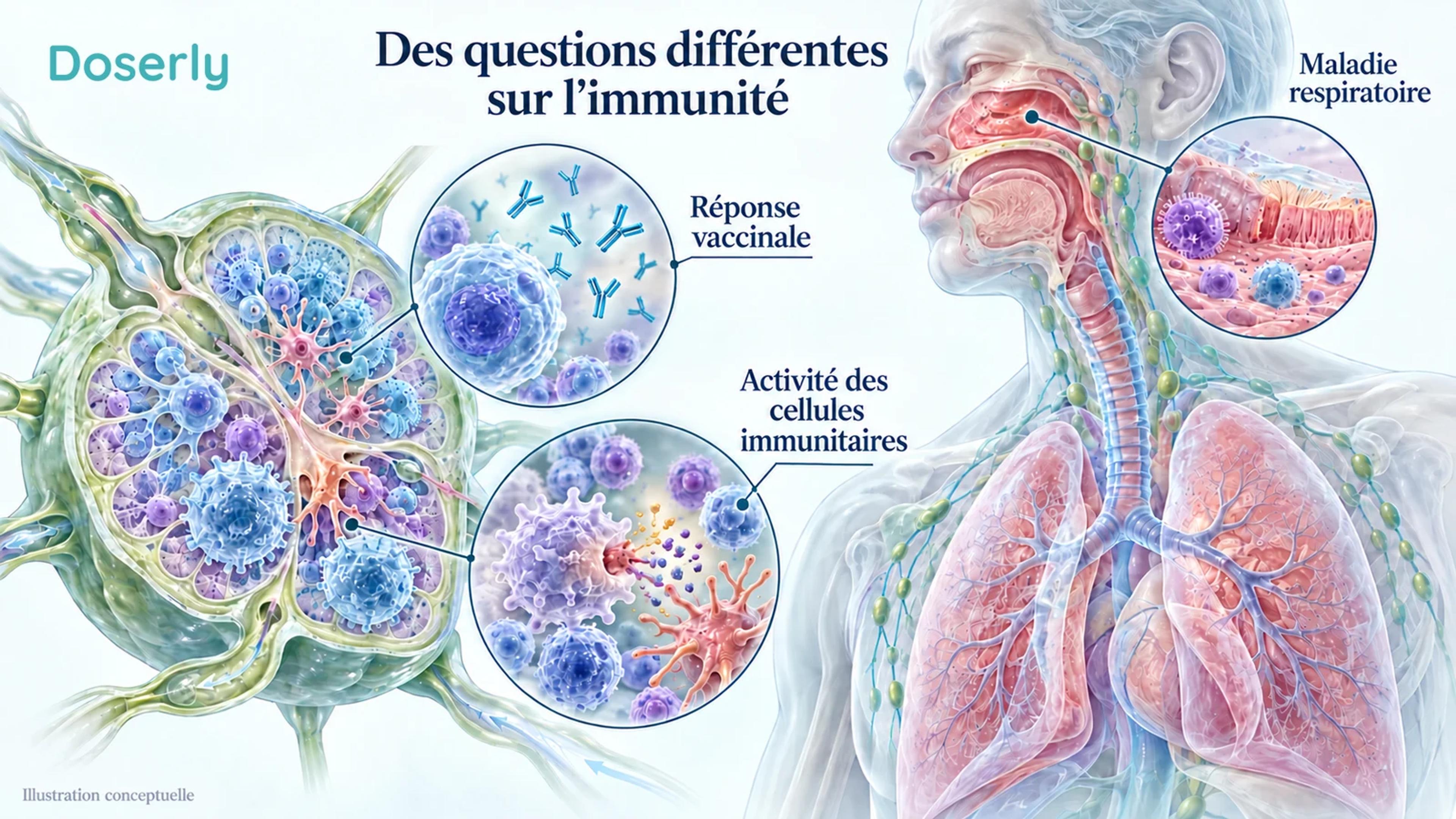 Ganglion lymphatique translucide et cellules immunitaires à côté des voies respiratoires, distinguant la réponse en anticorps des résultats sur les infections.