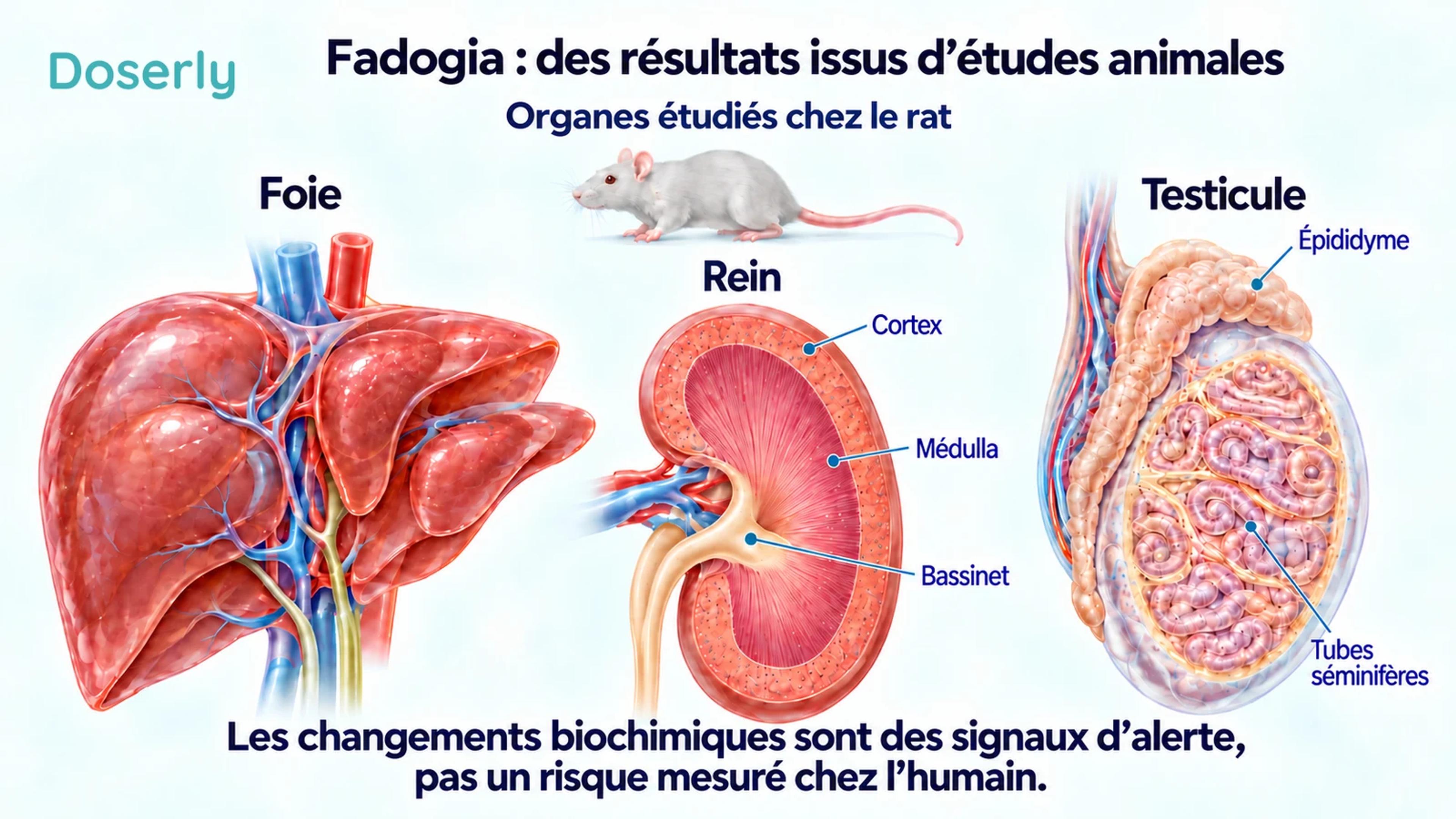 Illustrations détaillées du foie, du rein et du testicule de rat, avec une petite silhouette de rat indiquant l’espèce étudiée.