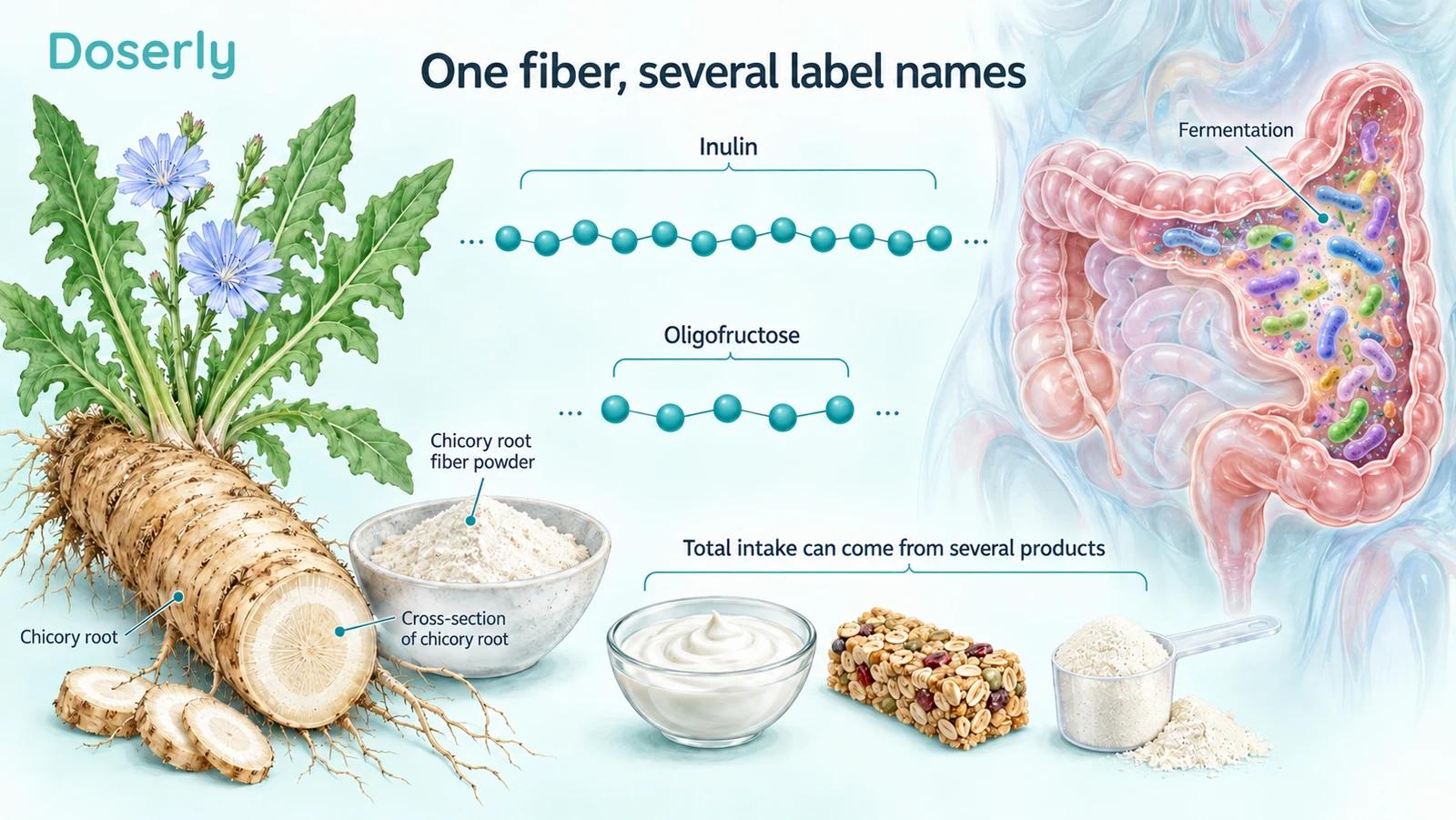 Chicory root, schematic long and short fiber chains, fortified foods, and fermentation within the colon.