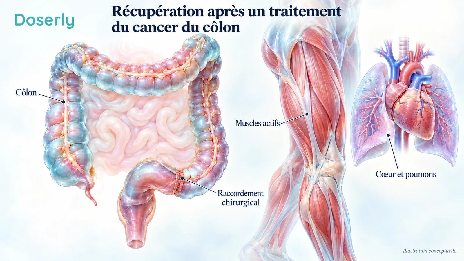 Anatomie conceptuelle du côlon après un raccordement chirurgical, à côté des muscles des jambes, du cœur et des poumons.