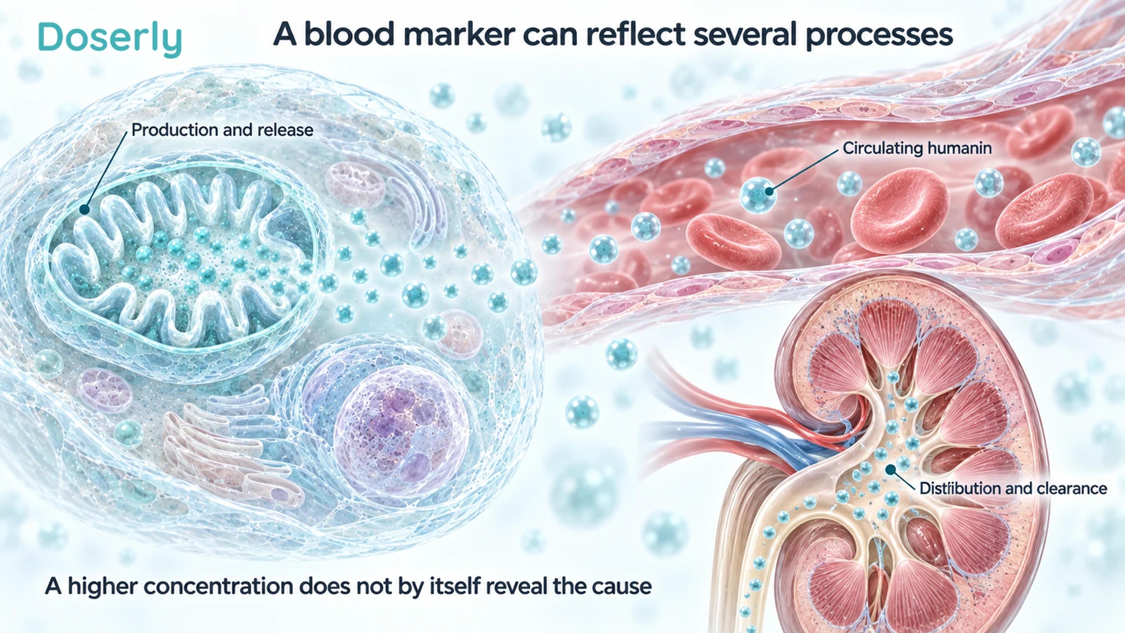A detailed cell and mitochondrion, circulating blood and kidney illustrate production, circulation and clearance as influences on a blood marker.