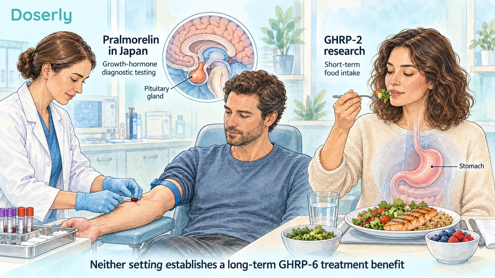 A supervised blood-sampling scene and a separate meal-intake scene distinguish pralmorelin diagnostic use from appetite research.