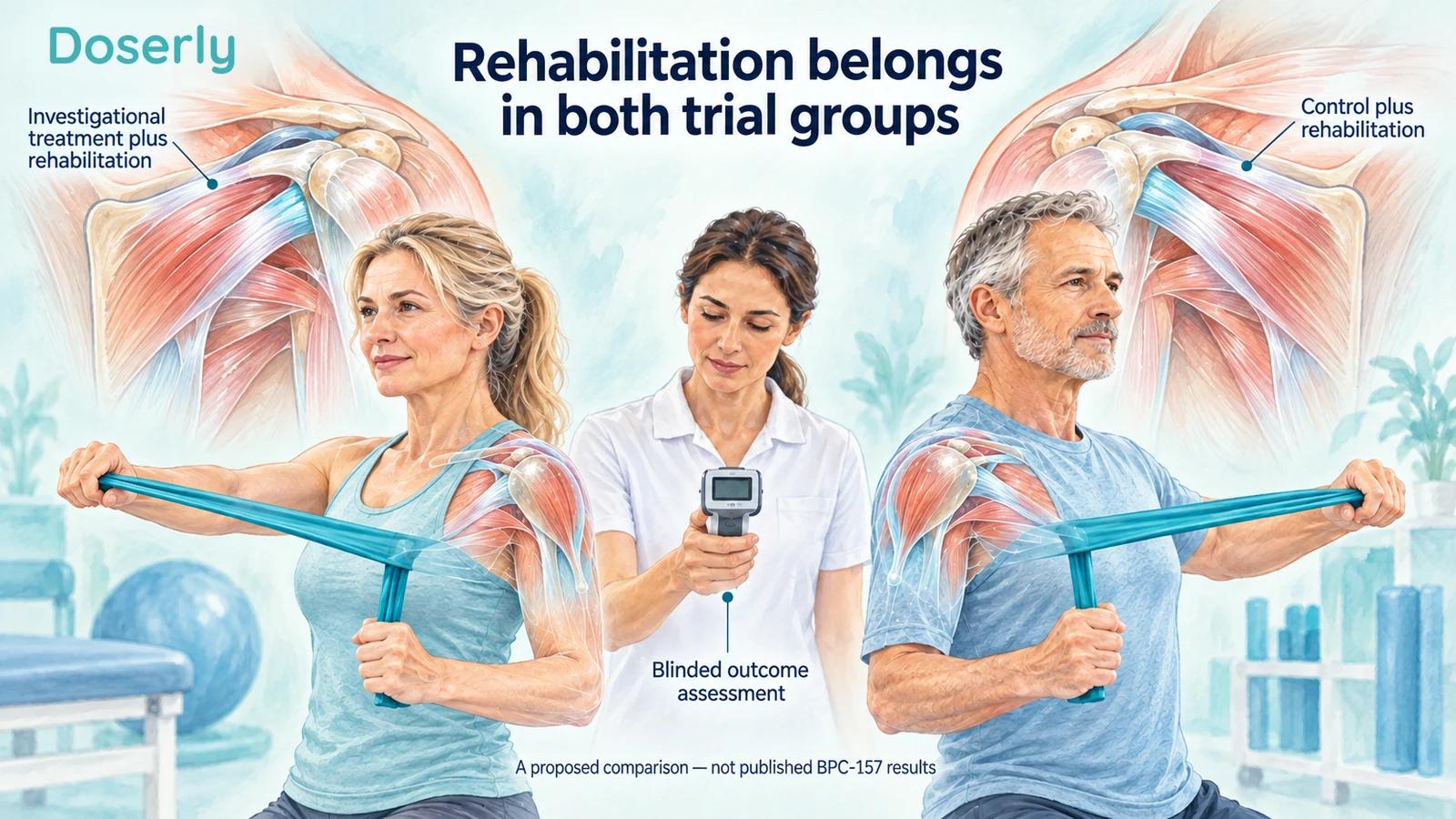 Two adults completing comparable supervised shoulder rehabilitation with a clinician holding a strength-measuring device.
