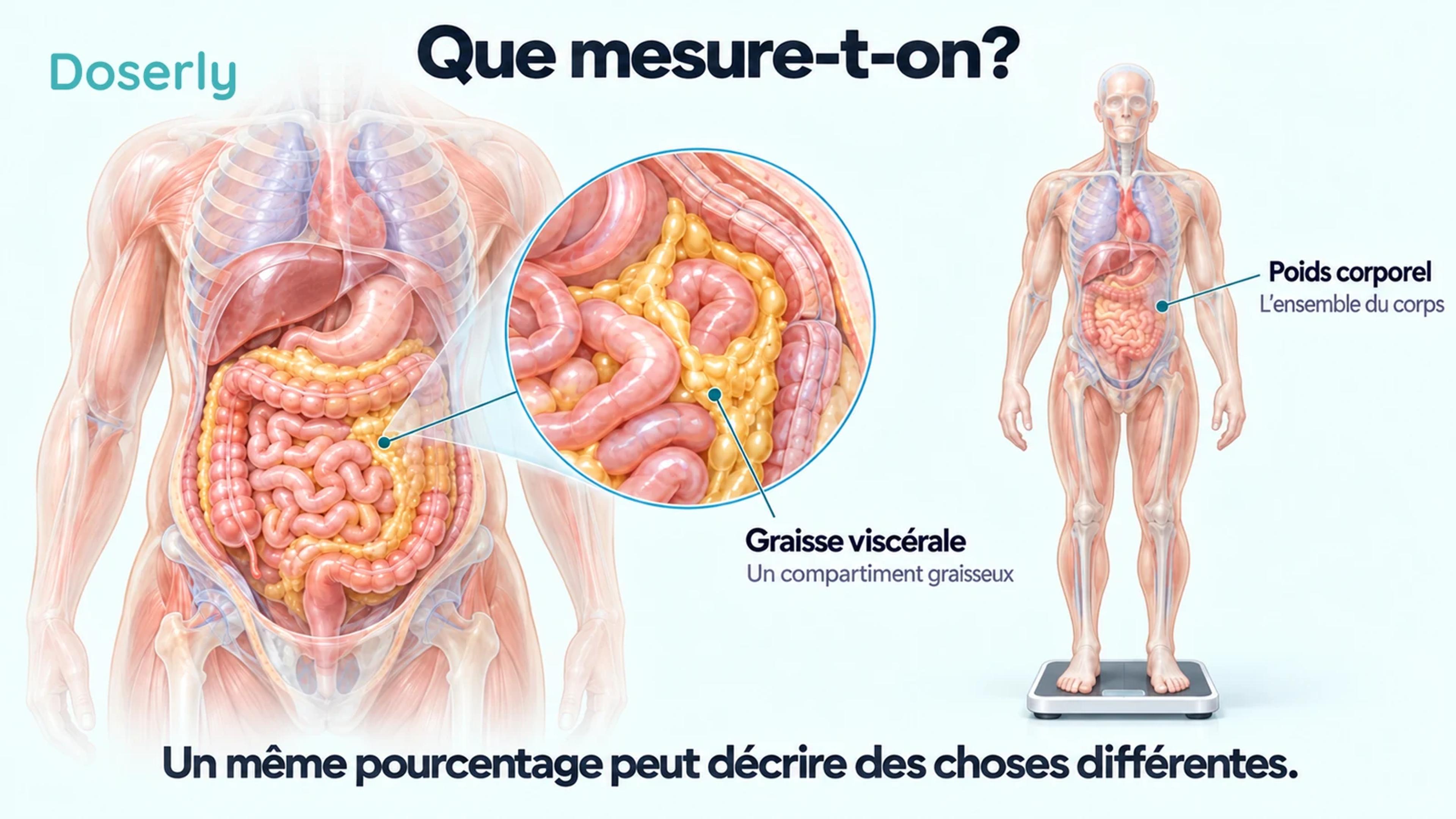 Un torse translucide et un encadré sur la graisse viscérale à côté d’une personne entière sur une balance clinique.