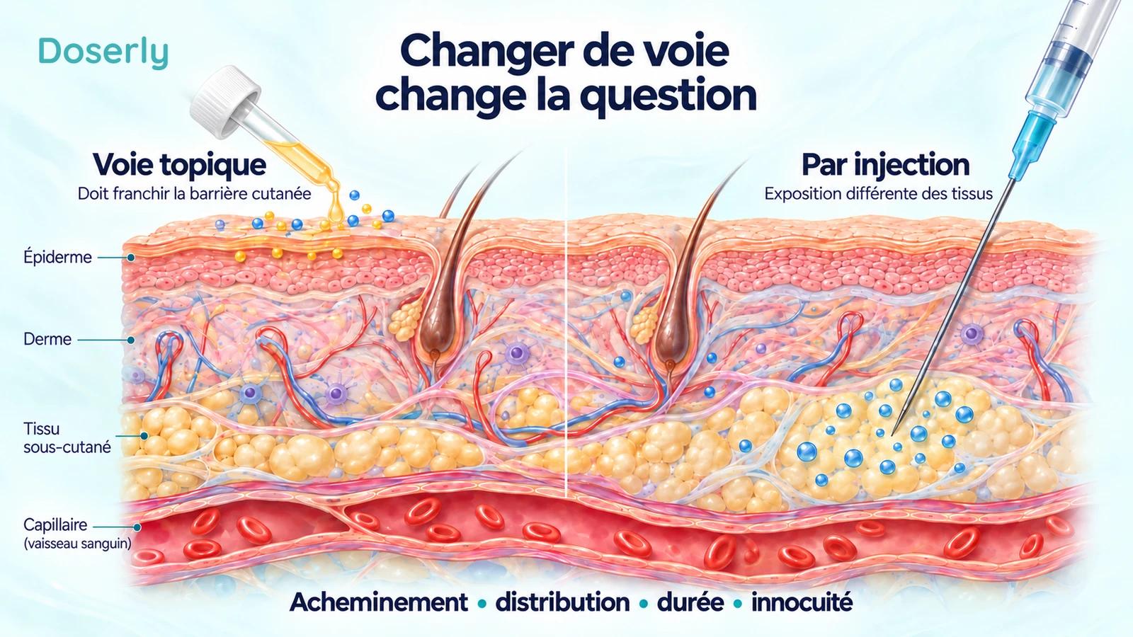 Coupe conceptuelle de la peau comparant une application en surface à un acheminement sous la barrière cutanée