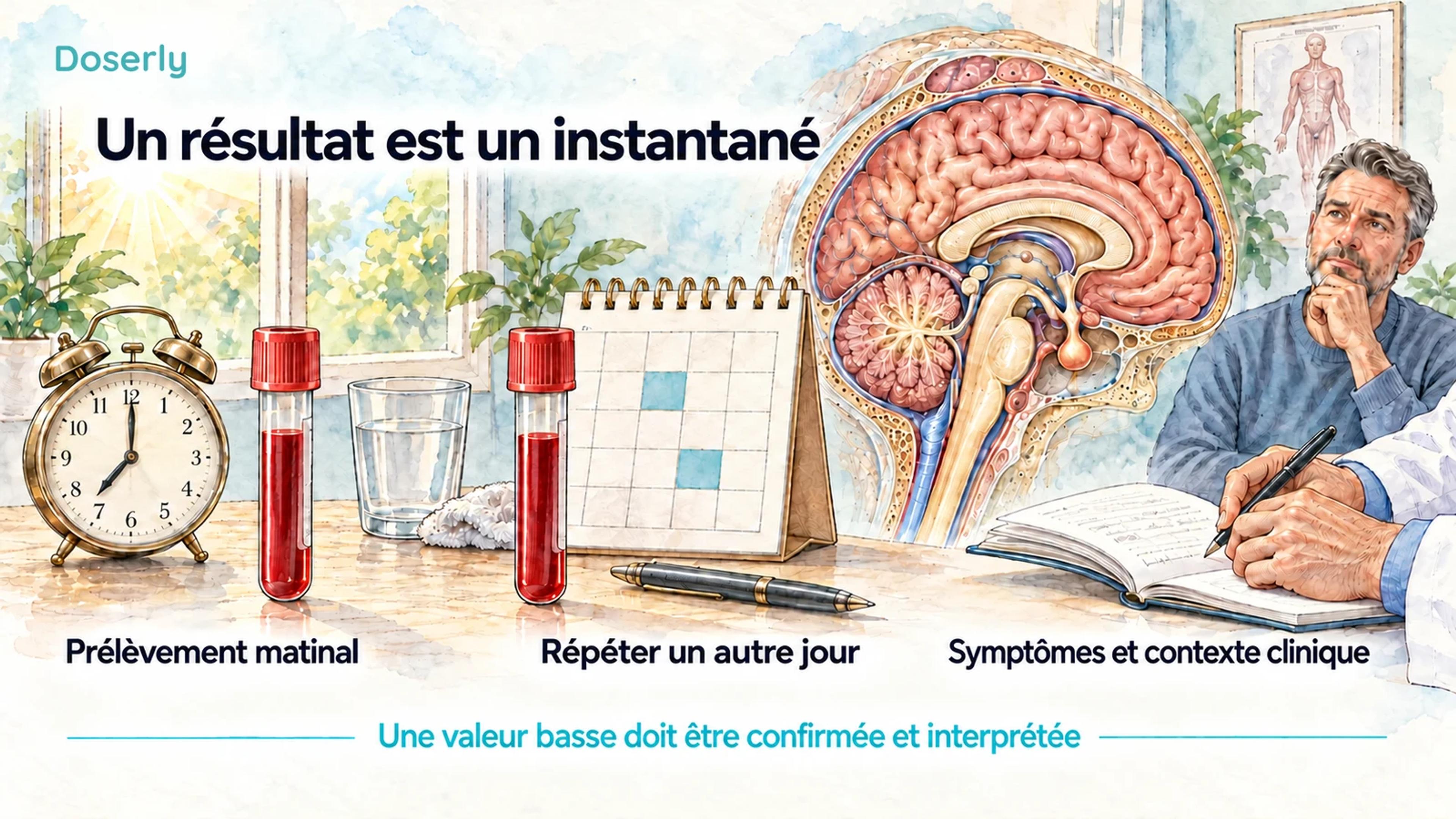 Une illustration montrant une horloge matinale, deux échantillons sanguins prélevés à des jours différents et une évaluation clinique explique comment confirmer et interpréter un résultat bas.