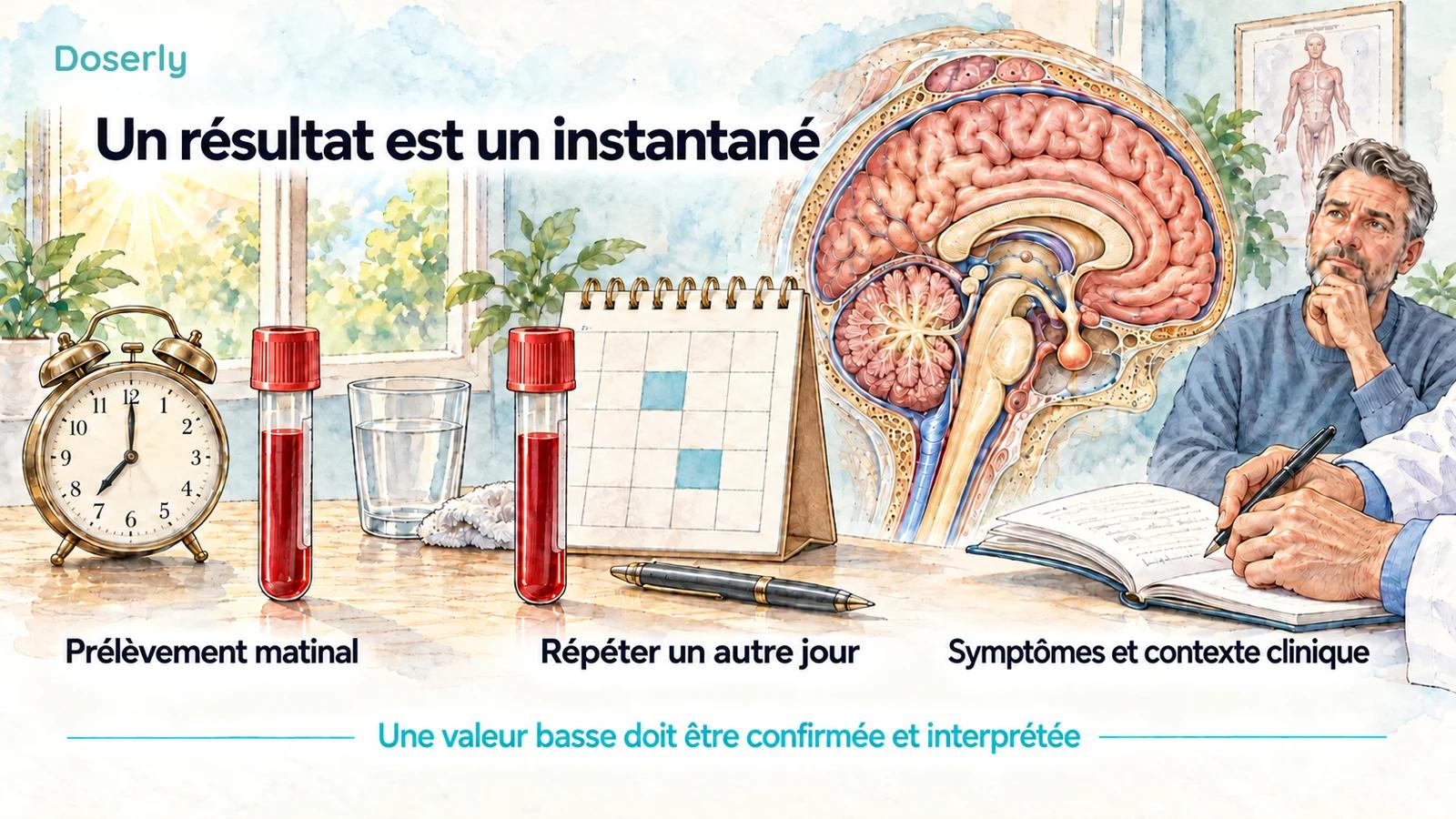 Une illustration montrant une horloge matinale, deux échantillons sanguins prélevés à des jours différents et une évaluation clinique explique comment confirmer et interpréter un résultat bas.