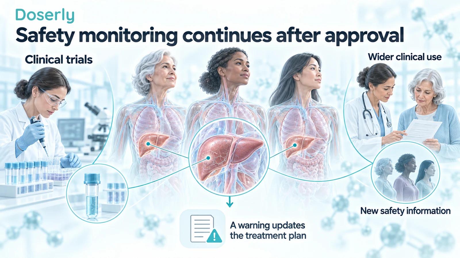 Translucent illustrated women, a clinical research scene and a clinician reviewing laboratory information, showing safety observation continuing into wider use.