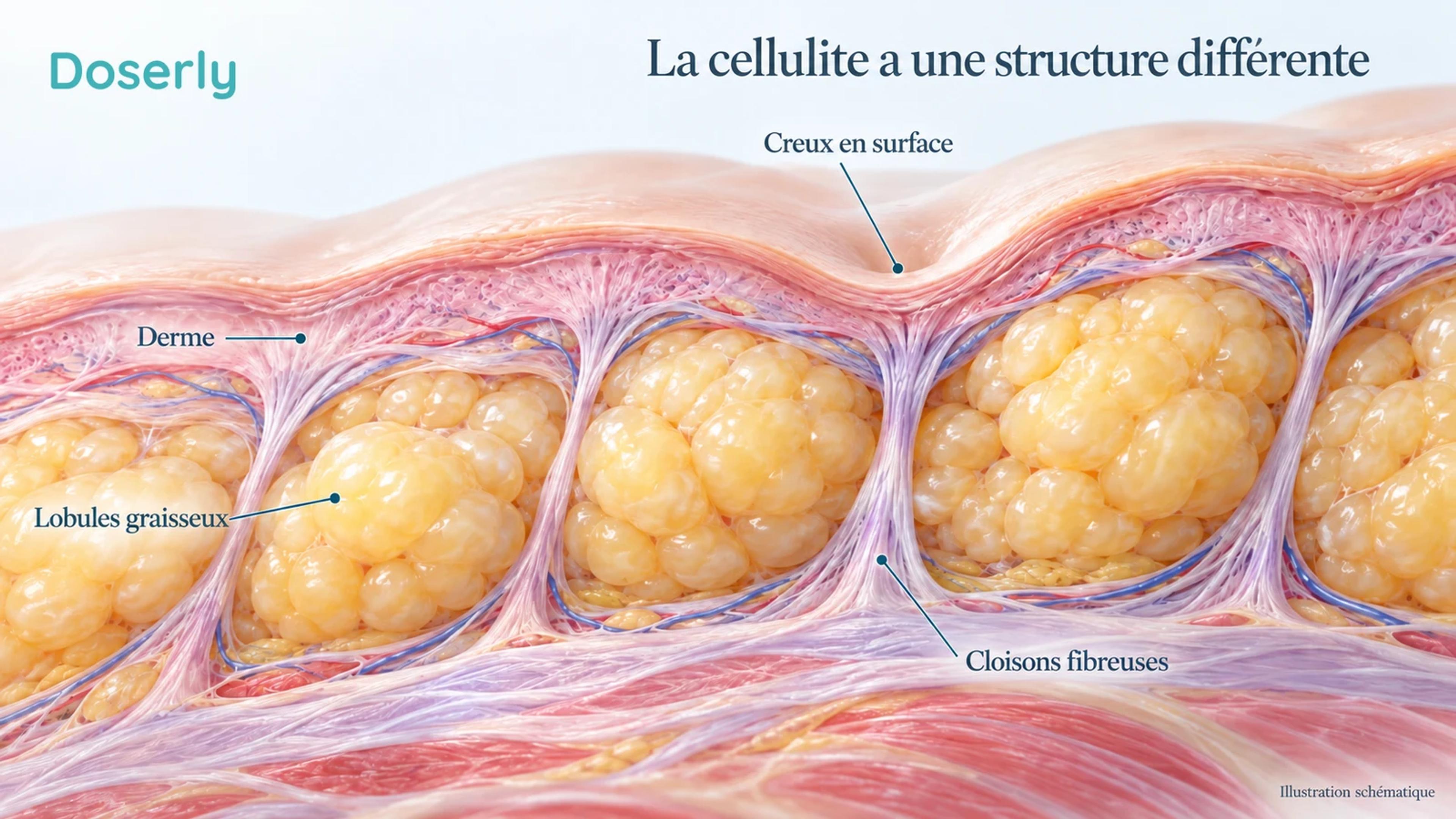 Coupe schématique de la cellulite montrant des cloisons fibreuses entre les lobules graisseux et un léger creux en surface.