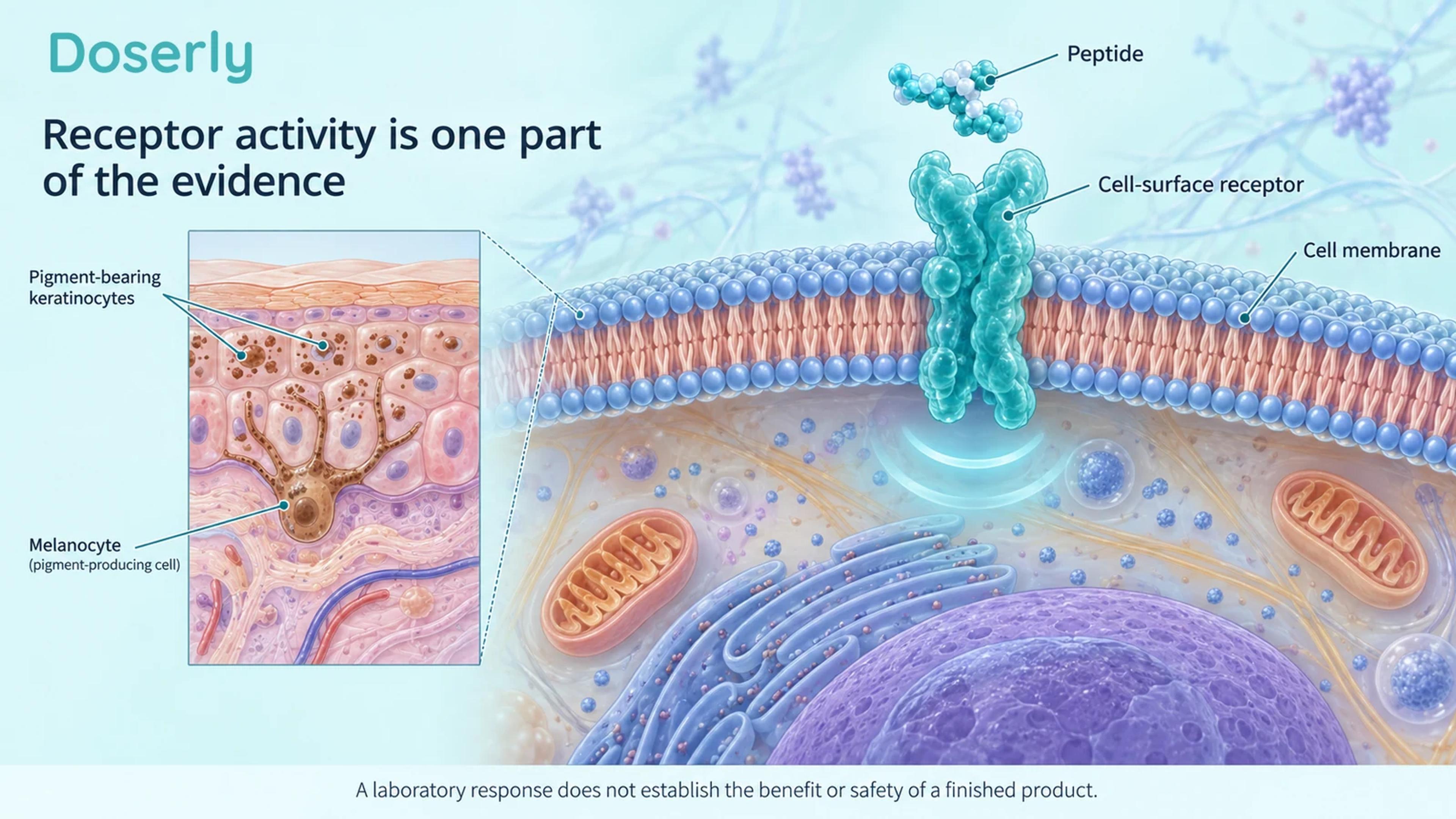 Detailed cell membrane and receptor illustration beside pigment-producing skin cells.