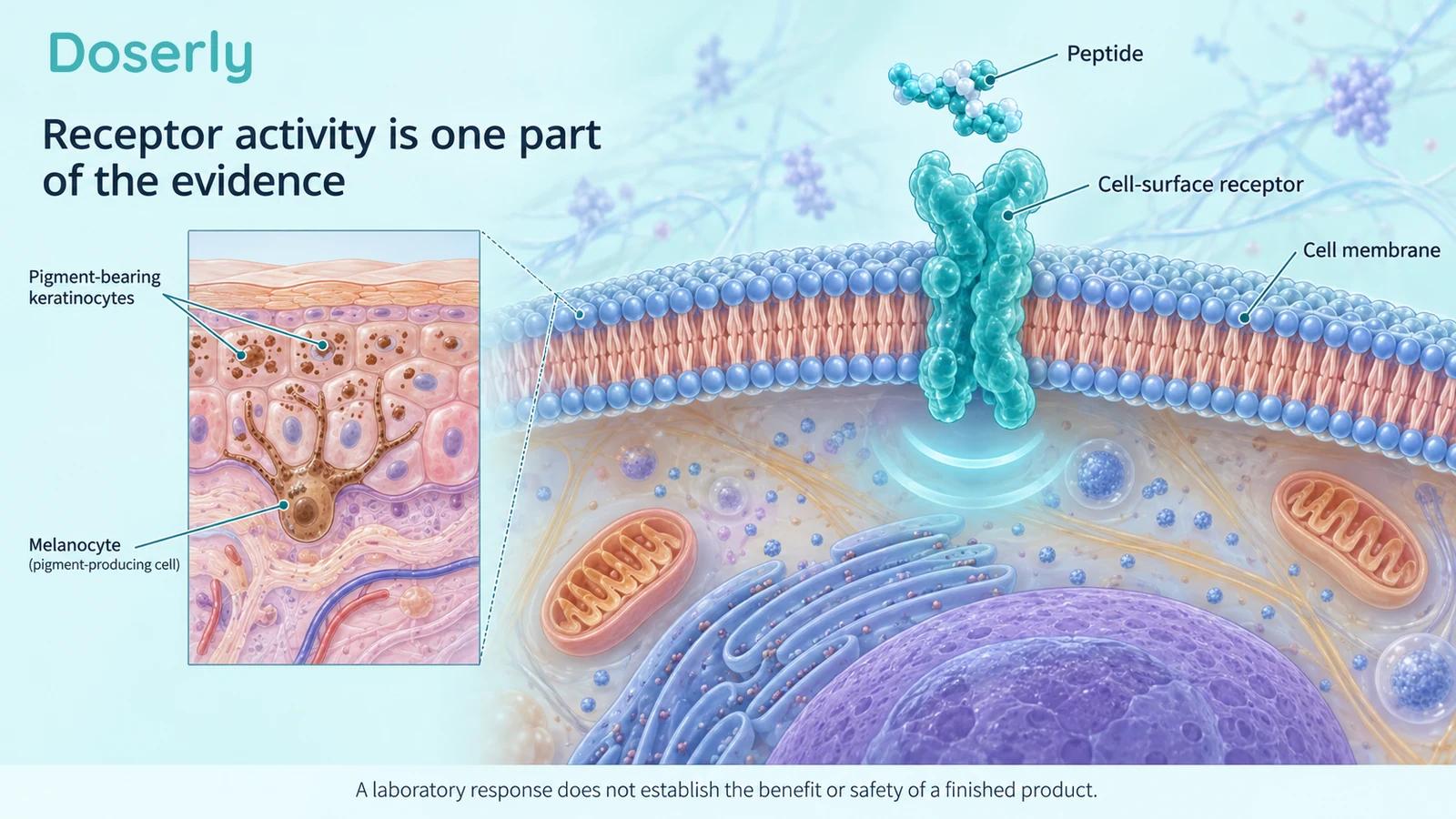 Detailed cell membrane and receptor illustration beside pigment-producing skin cells.