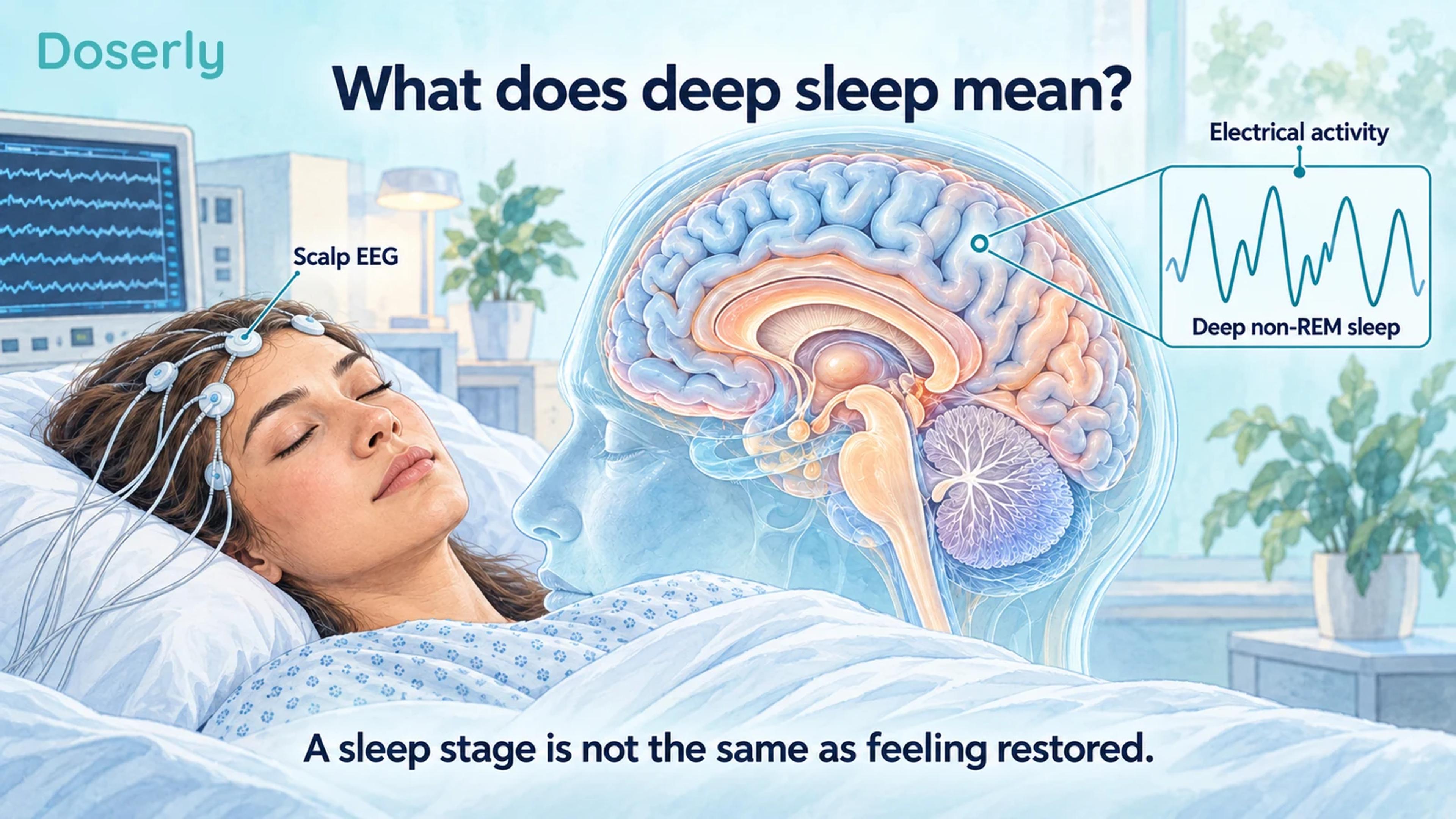 A sleeping laboratory participant with scalp EEG electrodes beside a conceptual brain cutaway and slow-wave illustration.