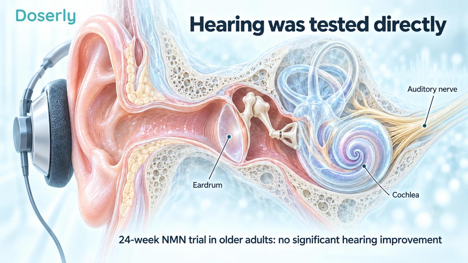 Anatomical ear cutaway labels the eardrum, cochlea and auditory nerve beside the finding of no significant hearing improvement in a 24-week NMN trial.