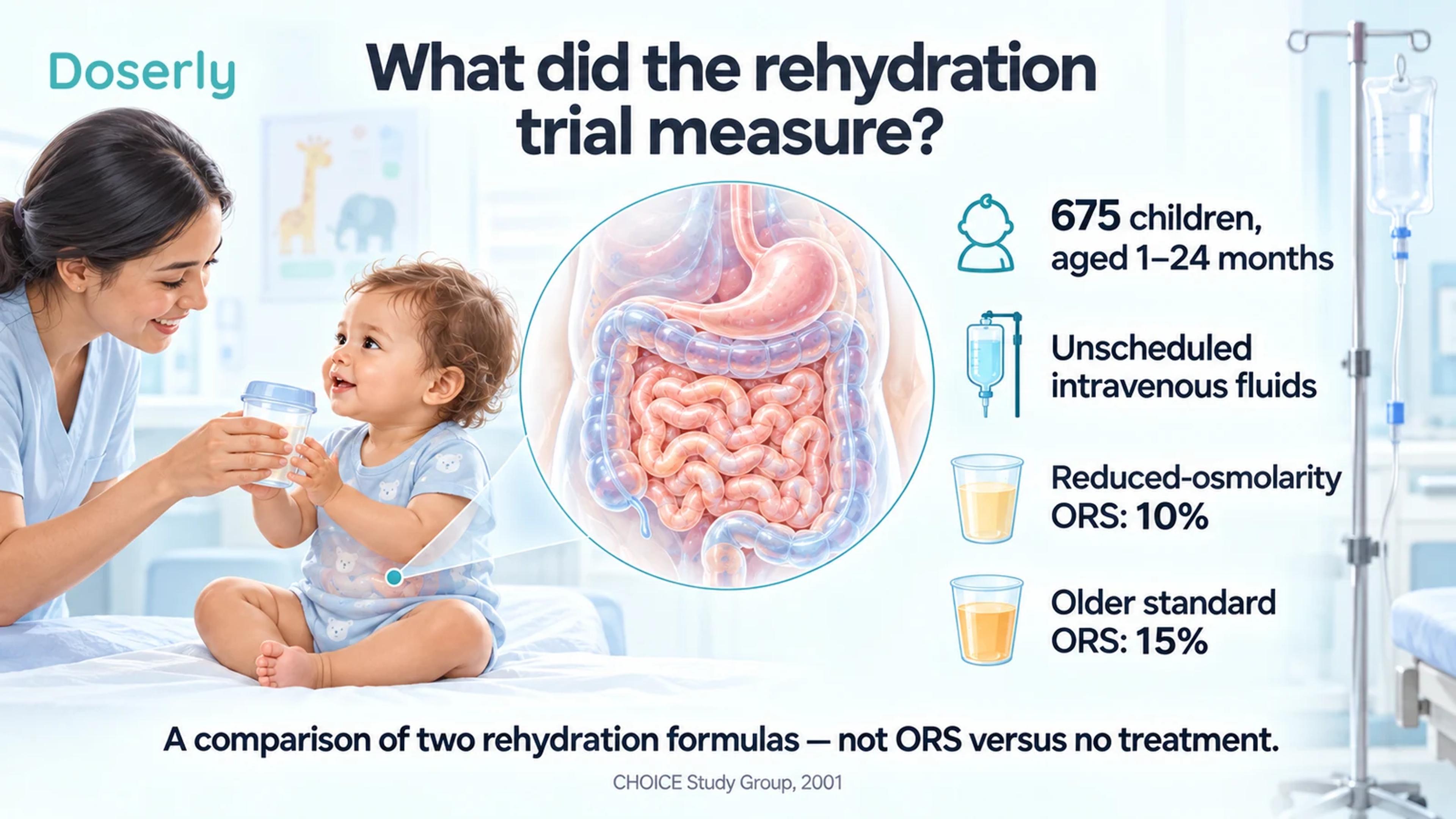 A caregiver offering oral rehydration to a child with intestinal anatomy and the CHOICE trial's 10 percent versus 15 percent unplanned IV-fluid results.
