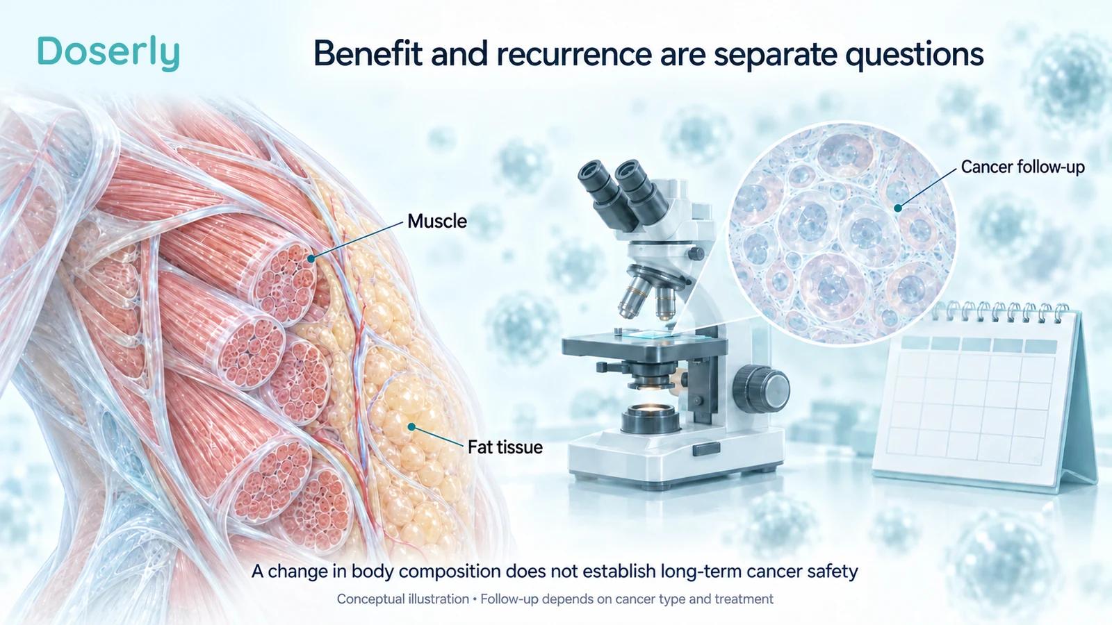 Detailed muscle and fat tissue beside a microscope and calendar distinguishes body-composition benefits from the separate task of long-term cancer follow-up.