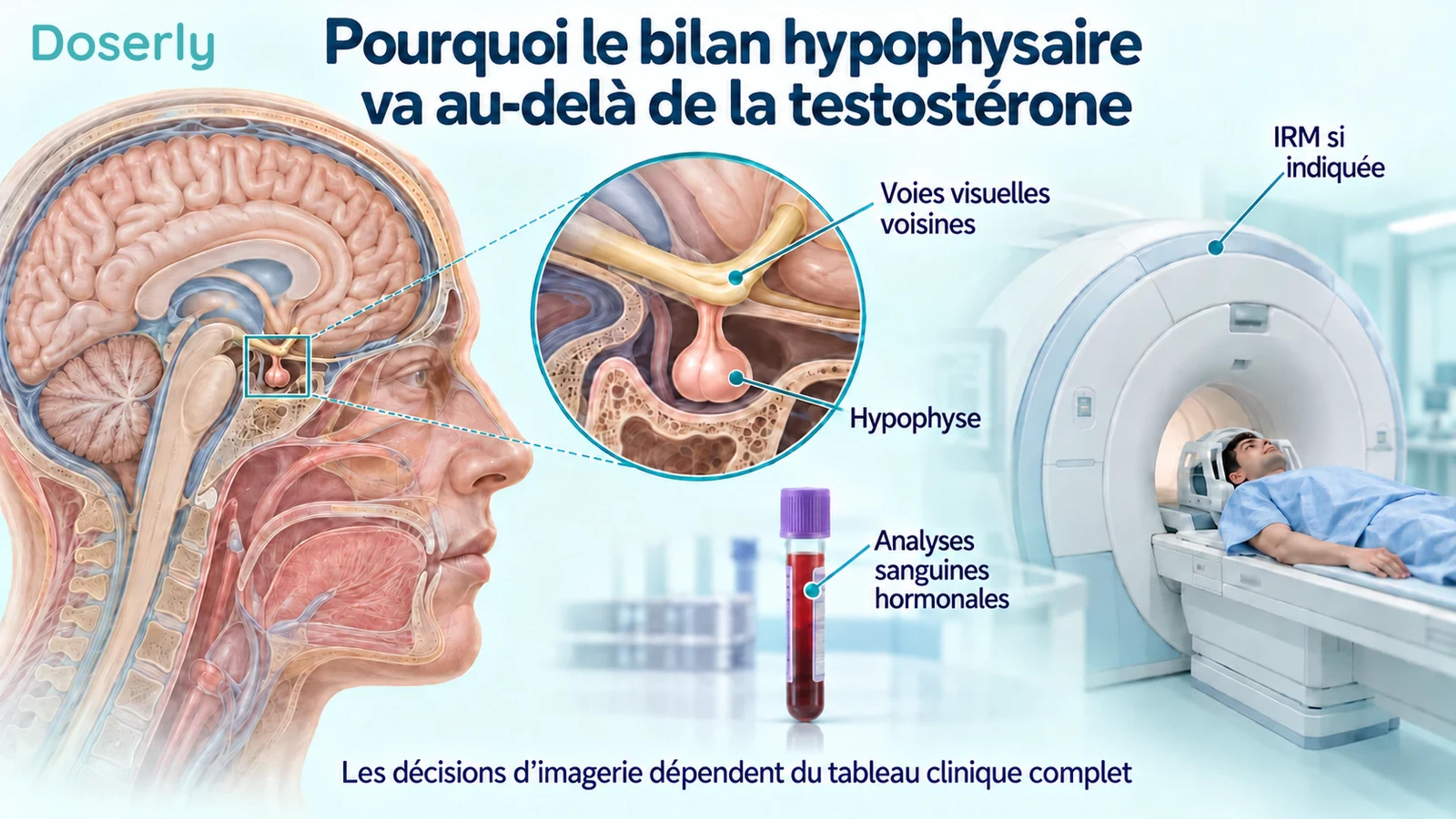 Une coupe sagittale de la tête et une vue agrandie de l’hypophyse montrent les voies visuelles voisines, à côté d’un échantillon sanguin et d’un appareil d’IRM.