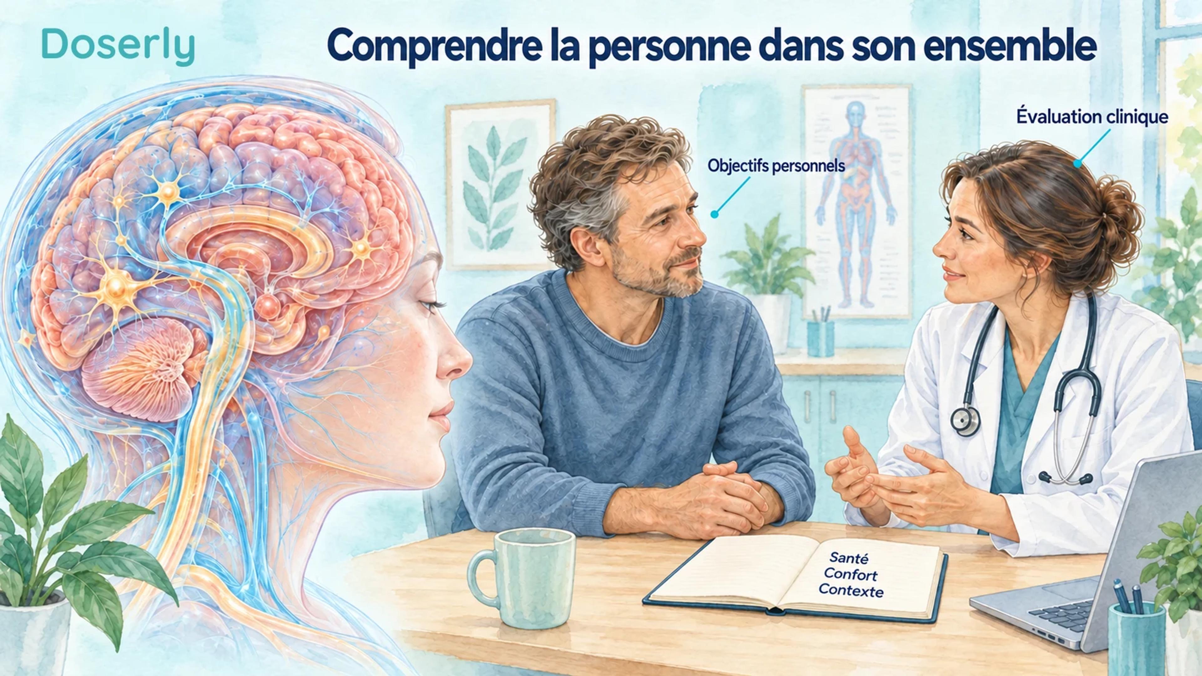 Une consultation peinte dans le style d’un atlas médical entre un clinicien et un patient adulte, à côté d’une anatomie cérébrale détaillée et d’un carnet portant les mots Santé, Confort, Contexte.