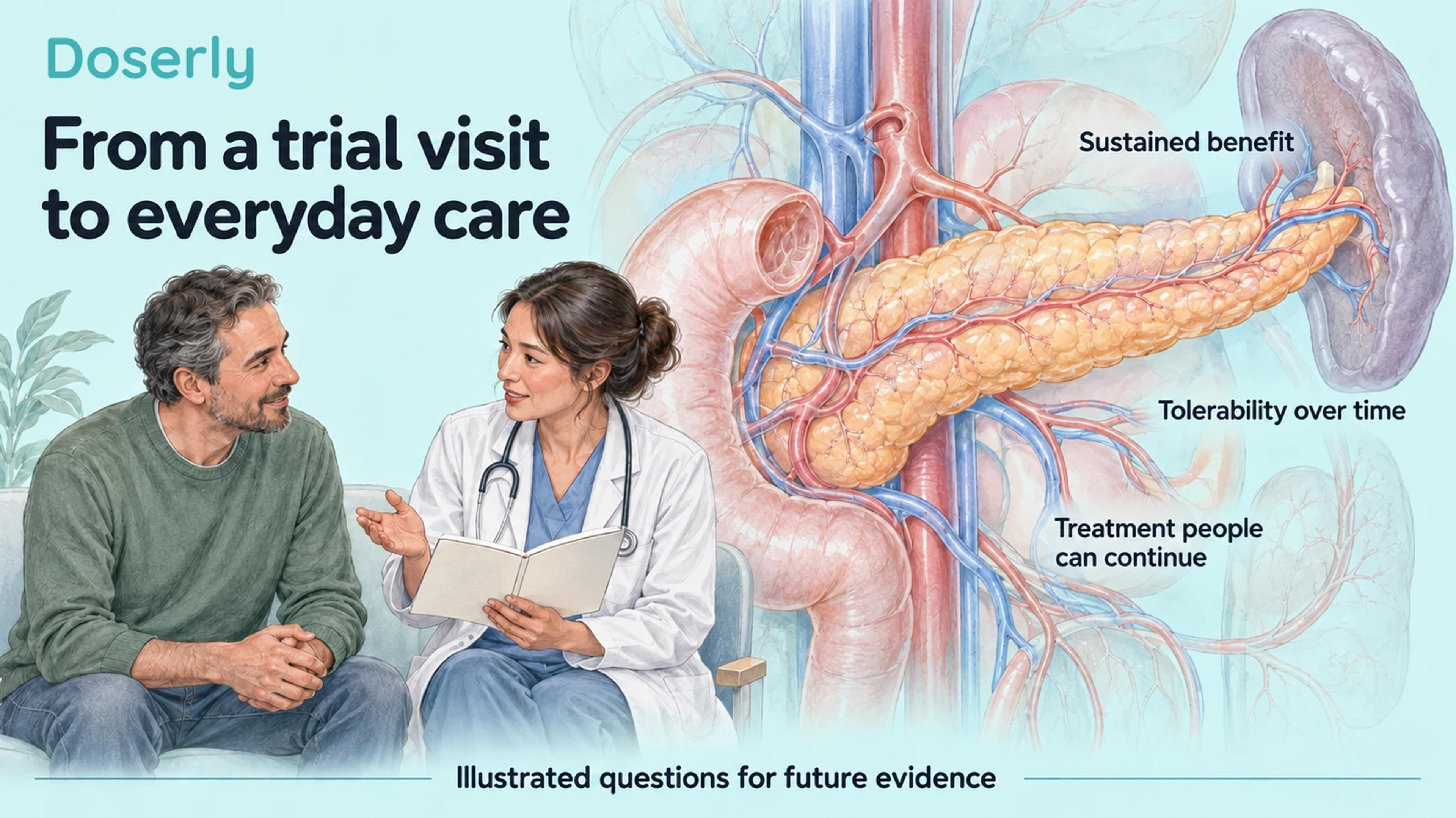 Illustrated clinical conversation beside conceptual pancreatic anatomy and future evidence questions.