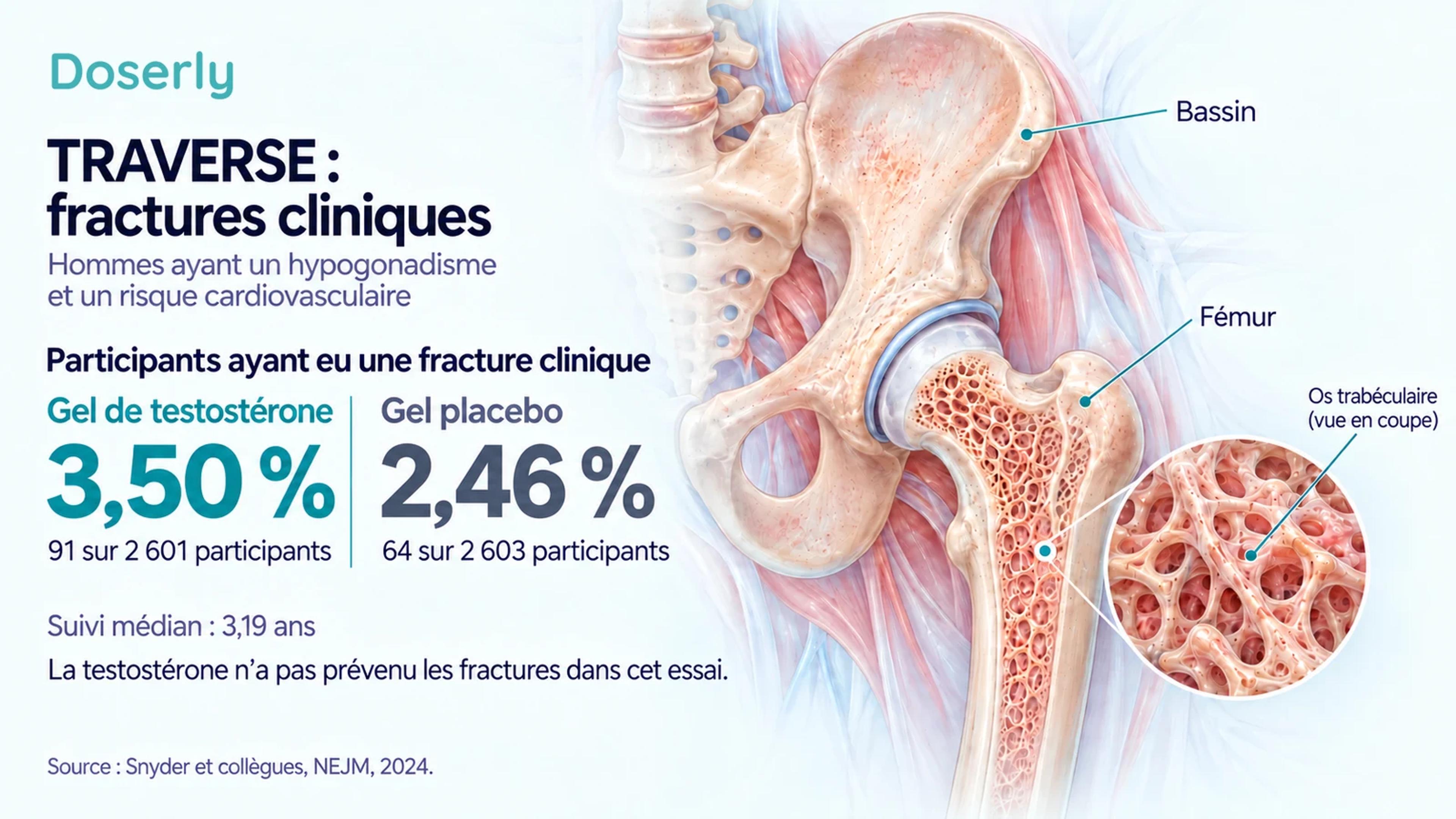 Résultats de TRAVERSE sur les fractures cliniques à côté d’une anatomie détaillée du bassin et du fémur : 3,50 pour cent avec le gel de testostérone et 2,46 pour cent avec le placebo.