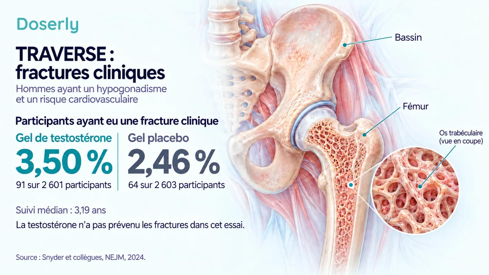 Résultats de TRAVERSE sur les fractures cliniques à côté d’une anatomie détaillée du bassin et du fémur : 3,50 pour cent avec le gel de testostérone et 2,46 pour cent avec le placebo.