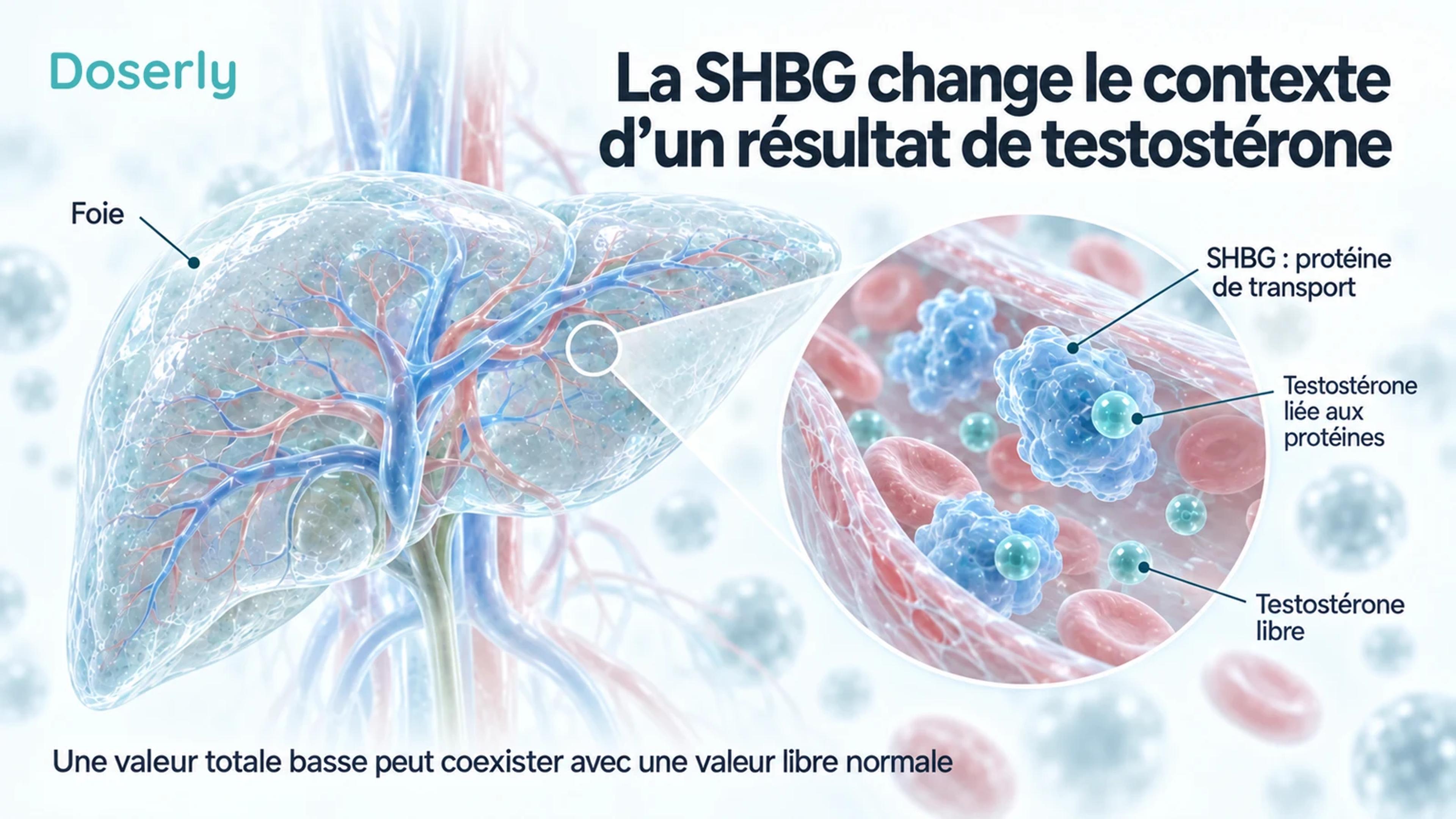 Foie translucide et vaisseau sanguin agrandi montrant la testostérone liée à la SHBG et la testostérone libre.