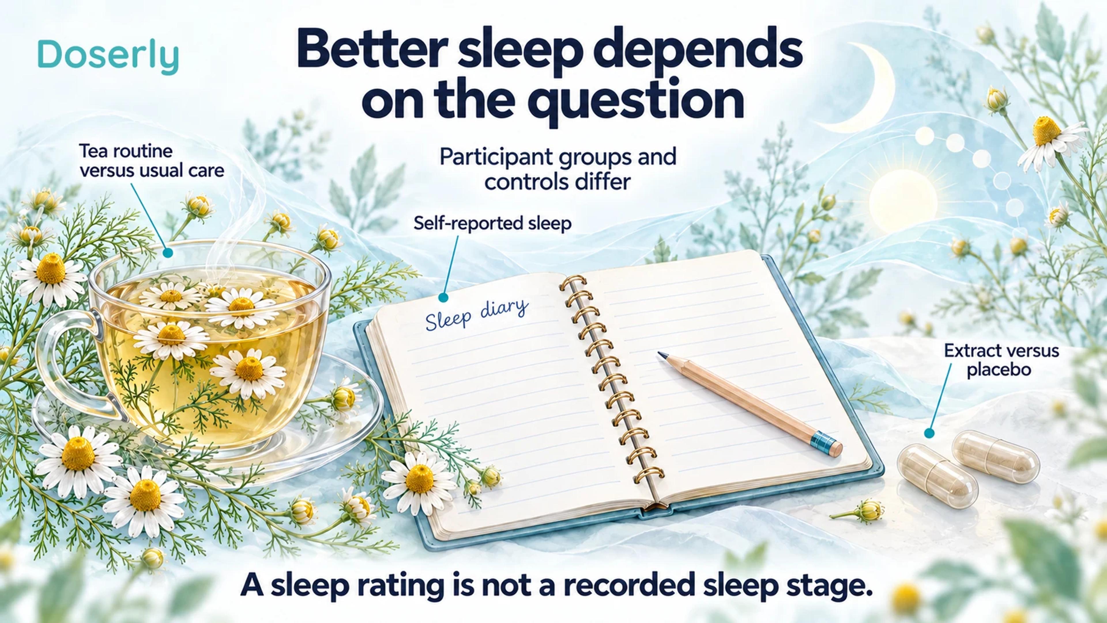 A botanical chamomile plate with tea, a sleep diary and paired capsules contrasts usual-care and placebo comparisons.