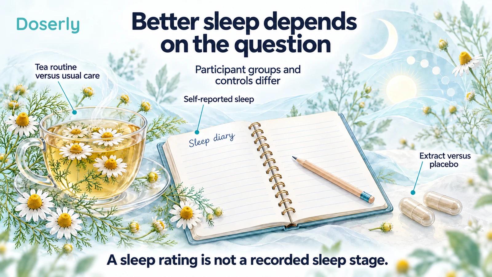A botanical chamomile plate with tea, a sleep diary and paired capsules contrasts usual-care and placebo comparisons.
