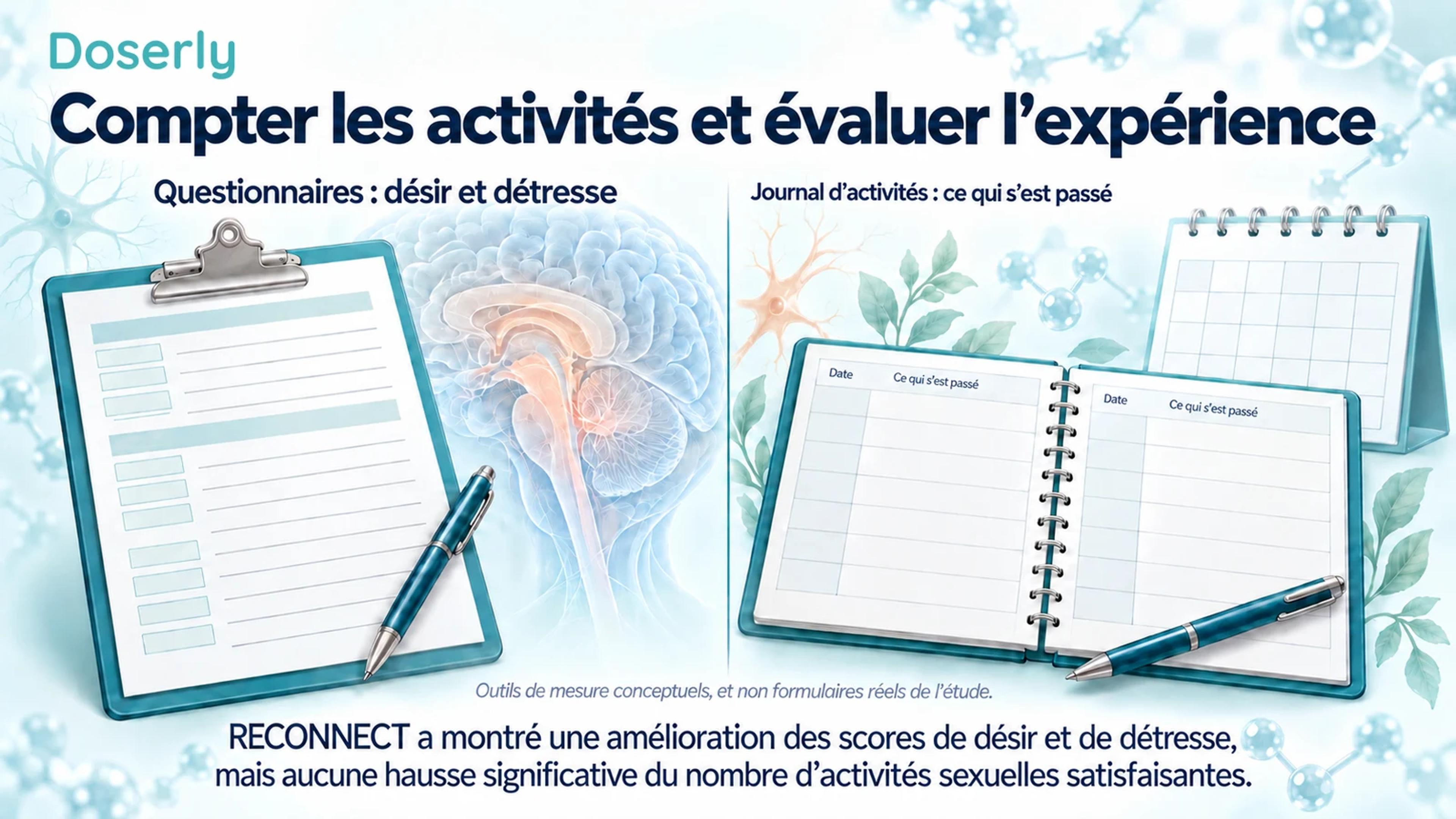 Un questionnaire illustré sur un porte-bloc et un journal d’activités, à côté d’une représentation neutre de l’anatomie du cerveau, distinguent les évaluations des relevés d’activités.