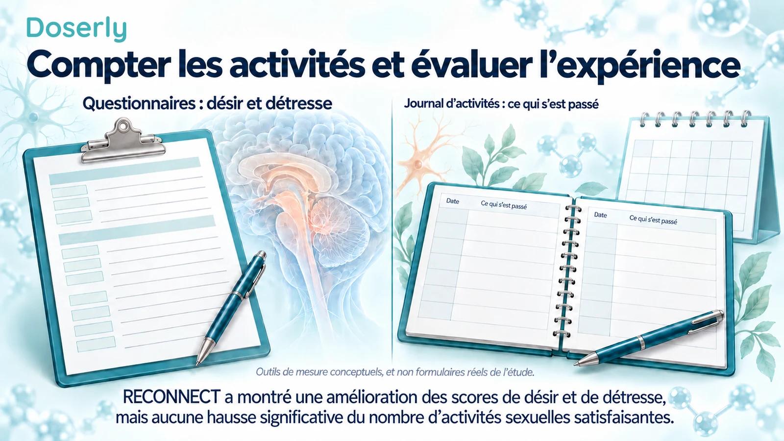 Un questionnaire illustré sur un porte-bloc et un journal d’activités, à côté d’une représentation neutre de l’anatomie du cerveau, distinguent les évaluations des relevés d’activités.