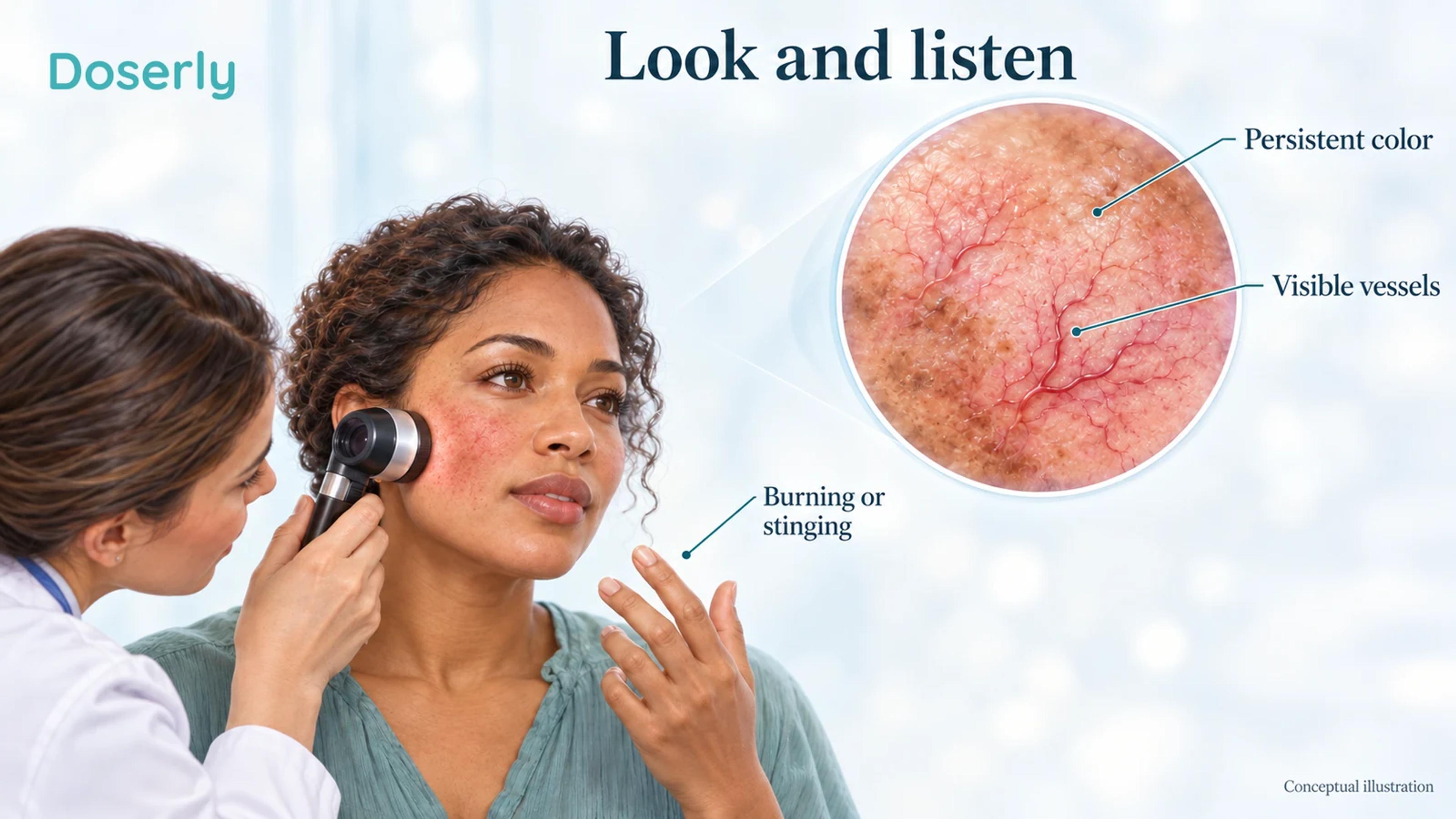 Illustrated clinician examining facial redness and visible vessels with a dermatoscope while a patient describes facial burning.