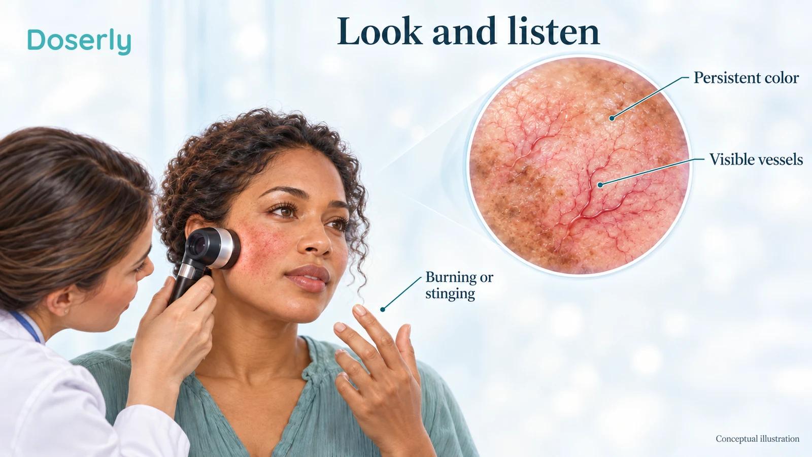 Illustrated clinician examining facial redness and visible vessels with a dermatoscope while a patient describes facial burning.