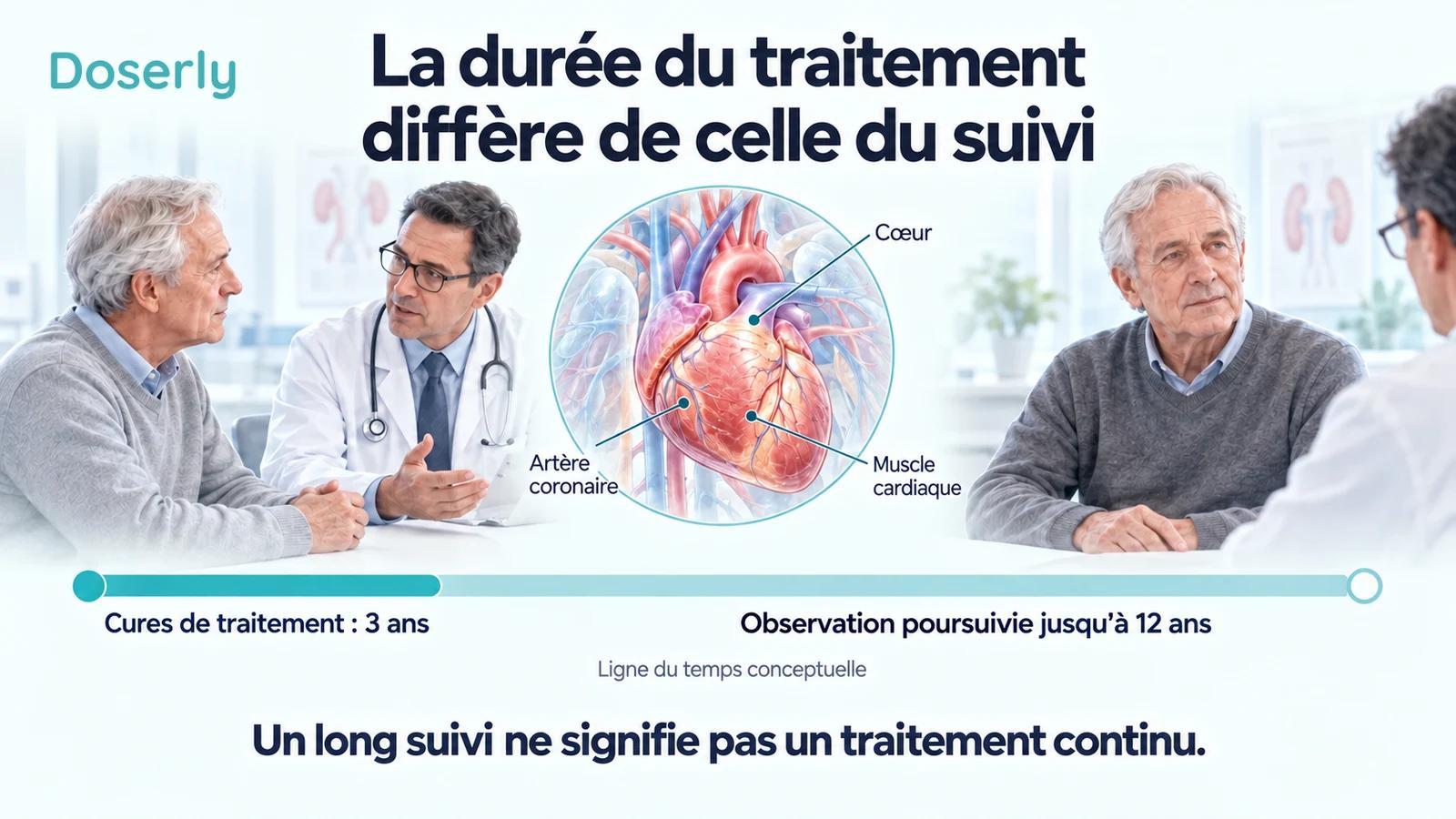 Une personne âgée lors de deux visites cliniques reliées par une ligne du temps conceptuelle distinguant trois années de traitement de douze années d’observation.