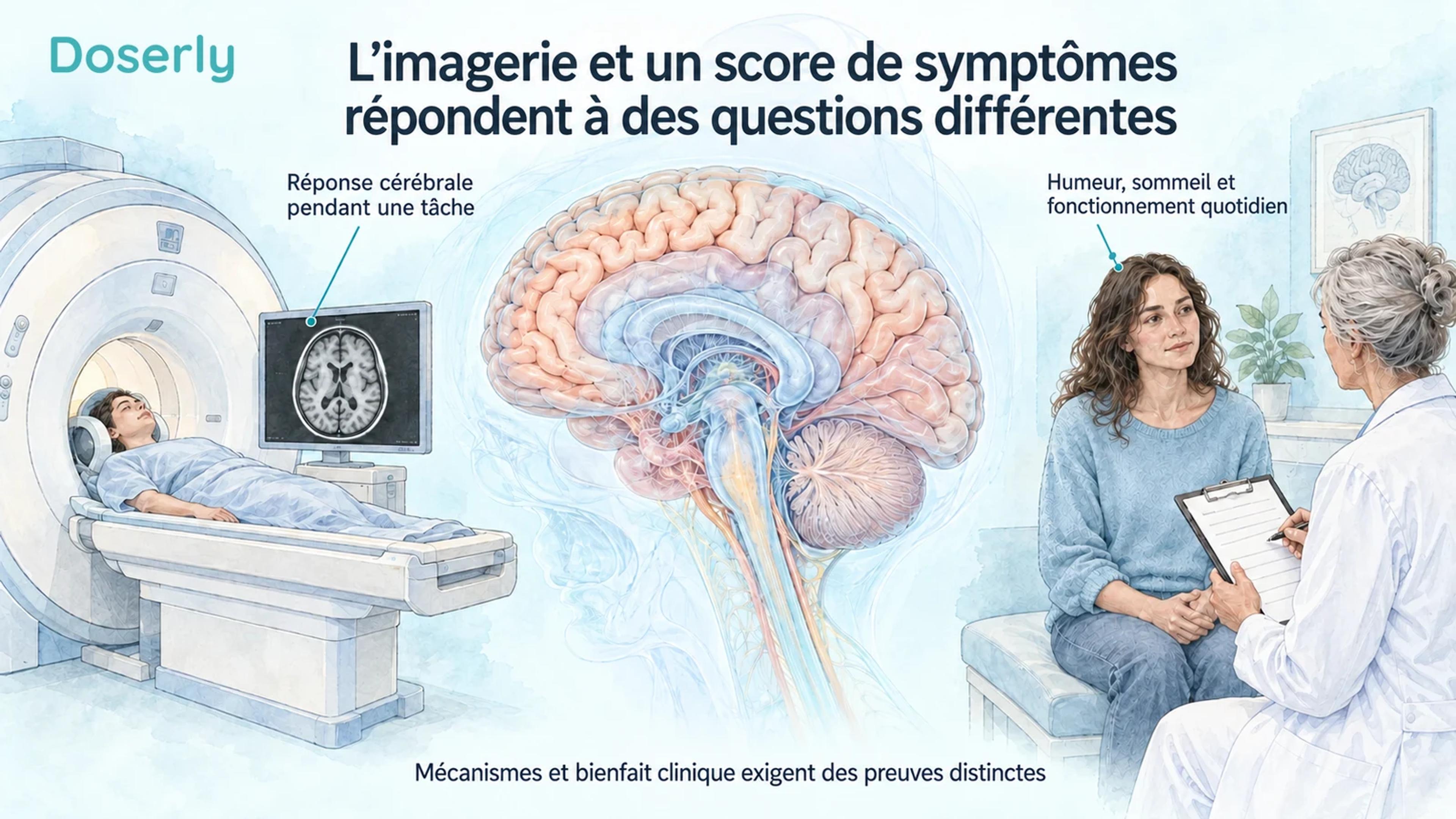 Illustration d’un examen d’imagerie cérébrale et d’une conversation clinique autour d’un cerveau détaillé, distinguant les réponses à des tâches de l’humeur, du sommeil et du fonctionnement quotidien.