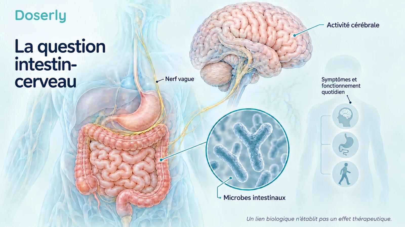 Anatomie détaillée de l’intestin et du cerveau, avec une connexion nerveuse conceptuelle et un encadré montrant Bifidobacterium, distinguant la biologie des symptômes et du fonctionnement quotidien.