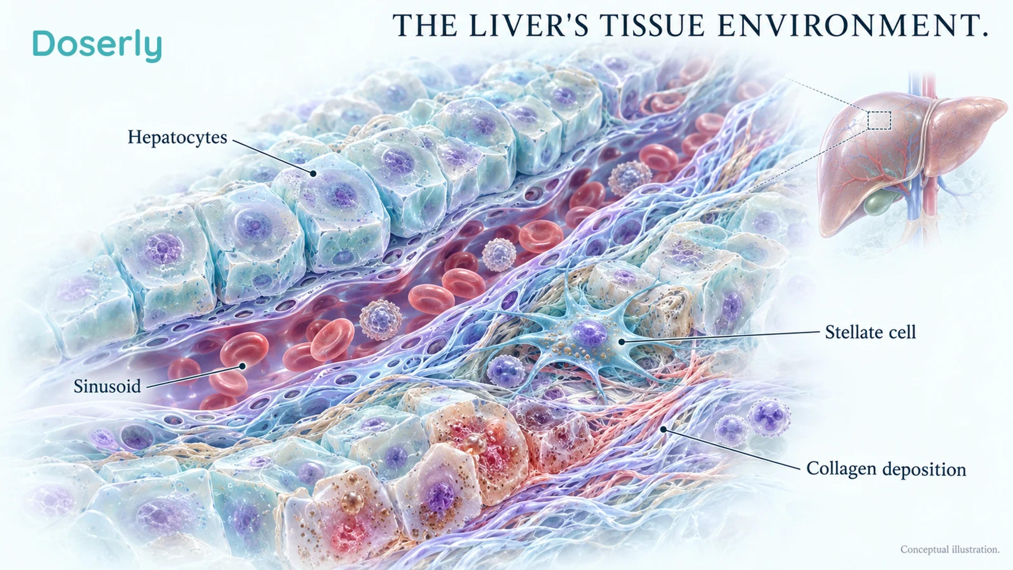 Liver lobule with hepatocytes, sinusoidal channels, stellate cells and localized collagen deposition around injured tissue
