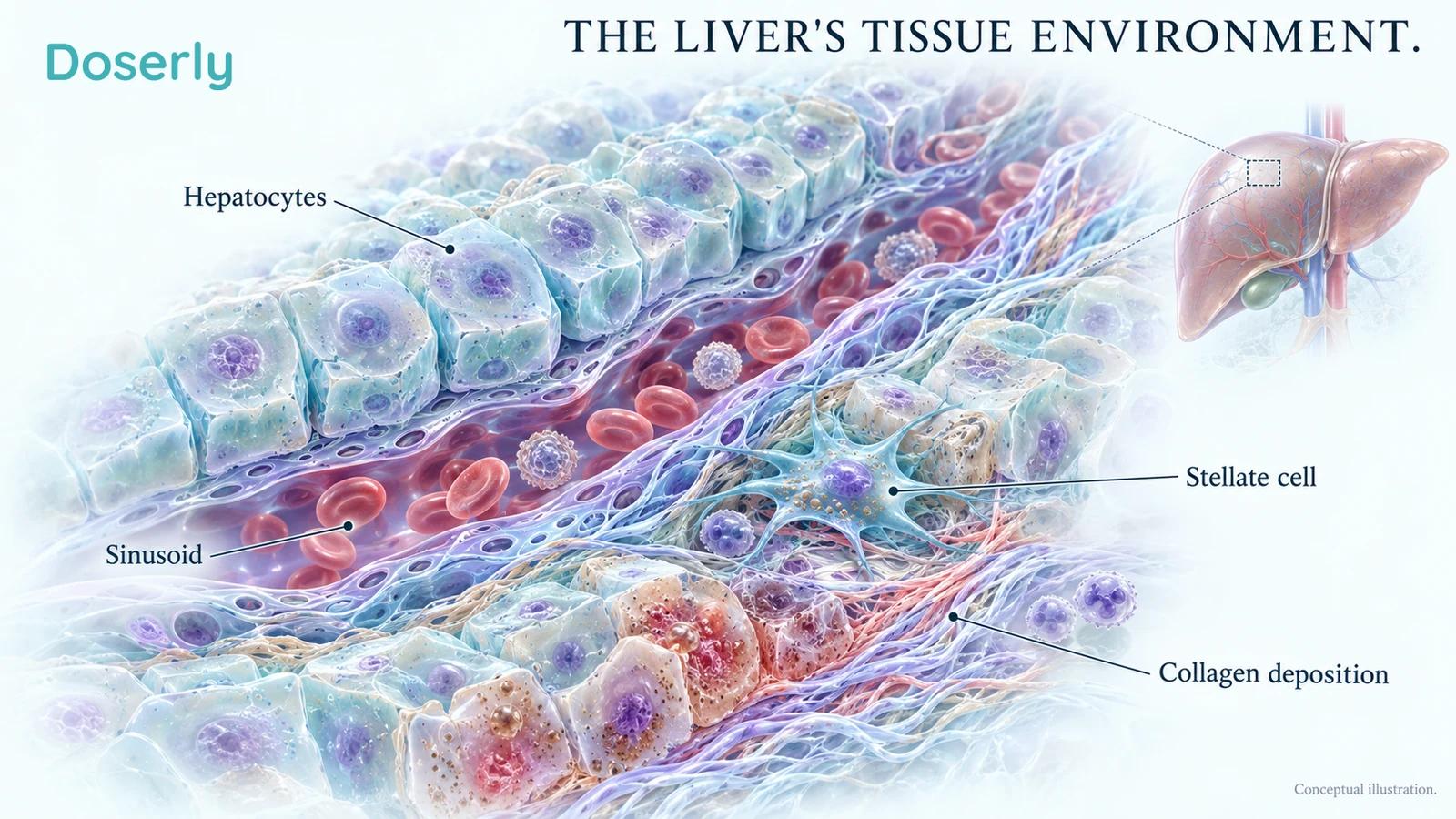 Liver lobule with hepatocytes, sinusoidal channels, stellate cells and localized collagen deposition around injured tissue