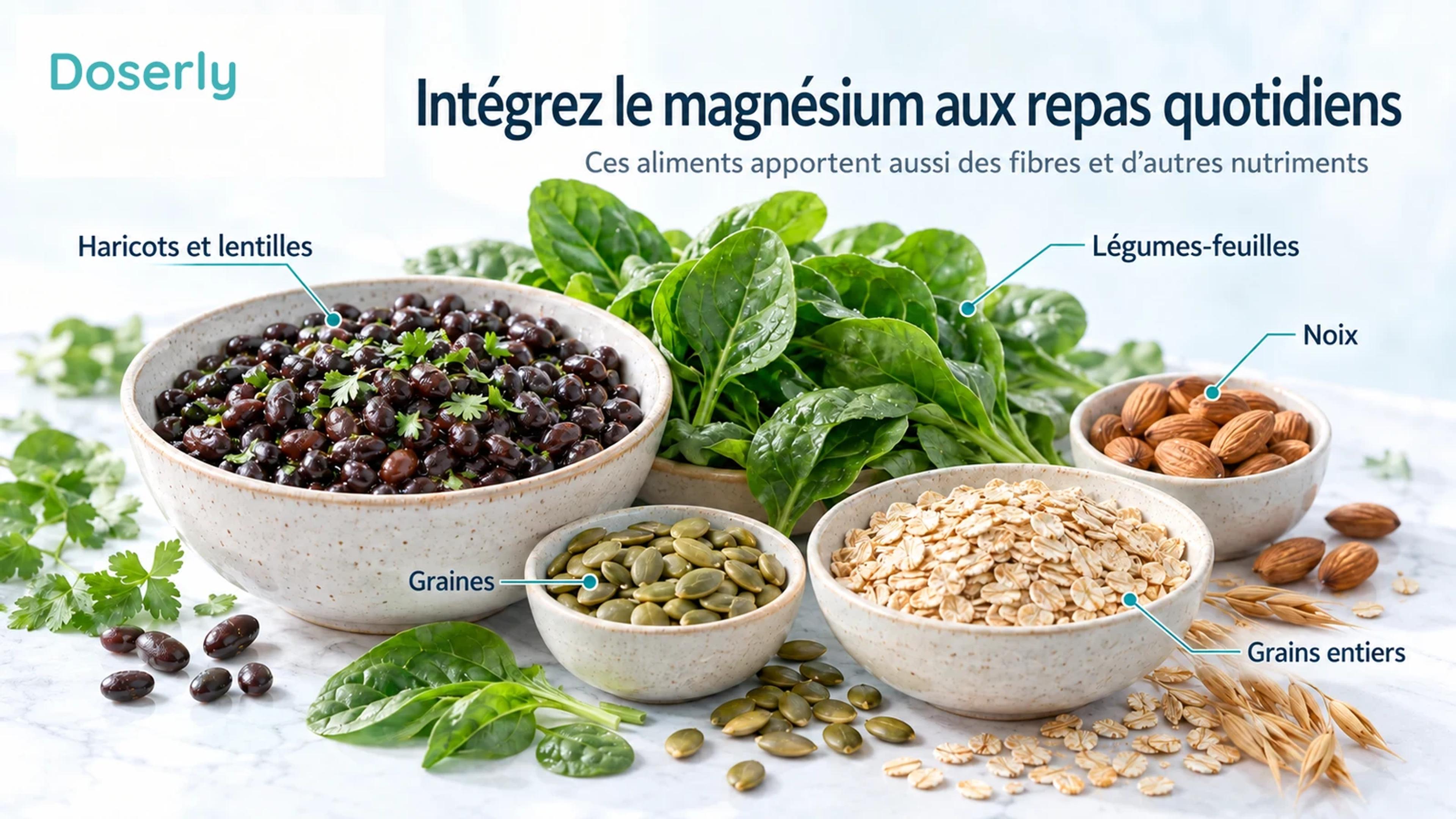 Des haricots, des épinards, des amandes, des graines de citrouille et de l’avoine illustrent des sources alimentaires courantes de magnésium.
