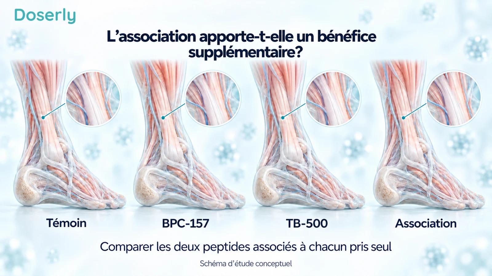 Quatre illustrations identiques du tendon d’Achille portant les mentions témoin, BPC-157, TB-500 et association
