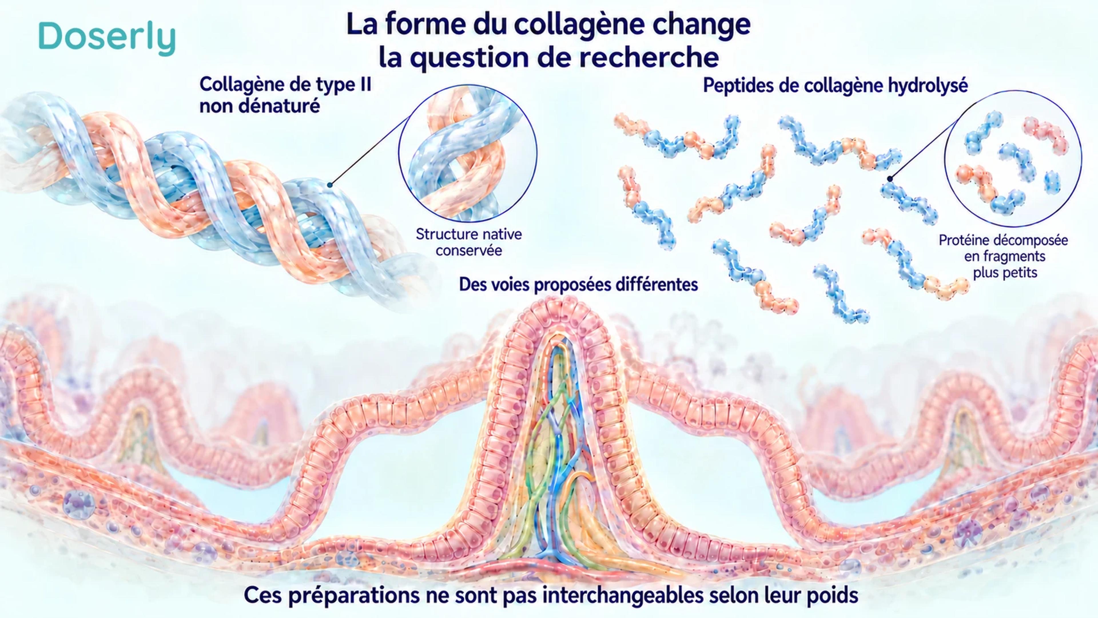 Une hélice de collagène intacte et de plus petits fragments peptidiques, représentés de façon conceptuelle, se trouvent au-dessus d’une illustration de la muqueuse intestinale.
