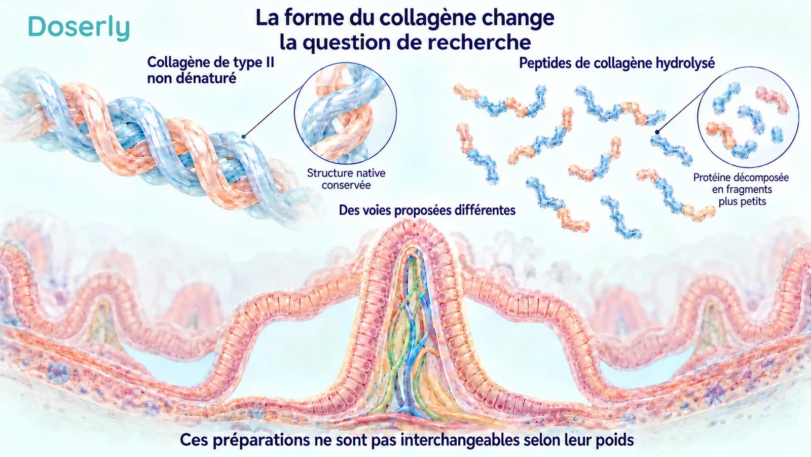 Une hélice de collagène intacte et de plus petits fragments peptidiques, représentés de façon conceptuelle, se trouvent au-dessus d’une illustration de la muqueuse intestinale.