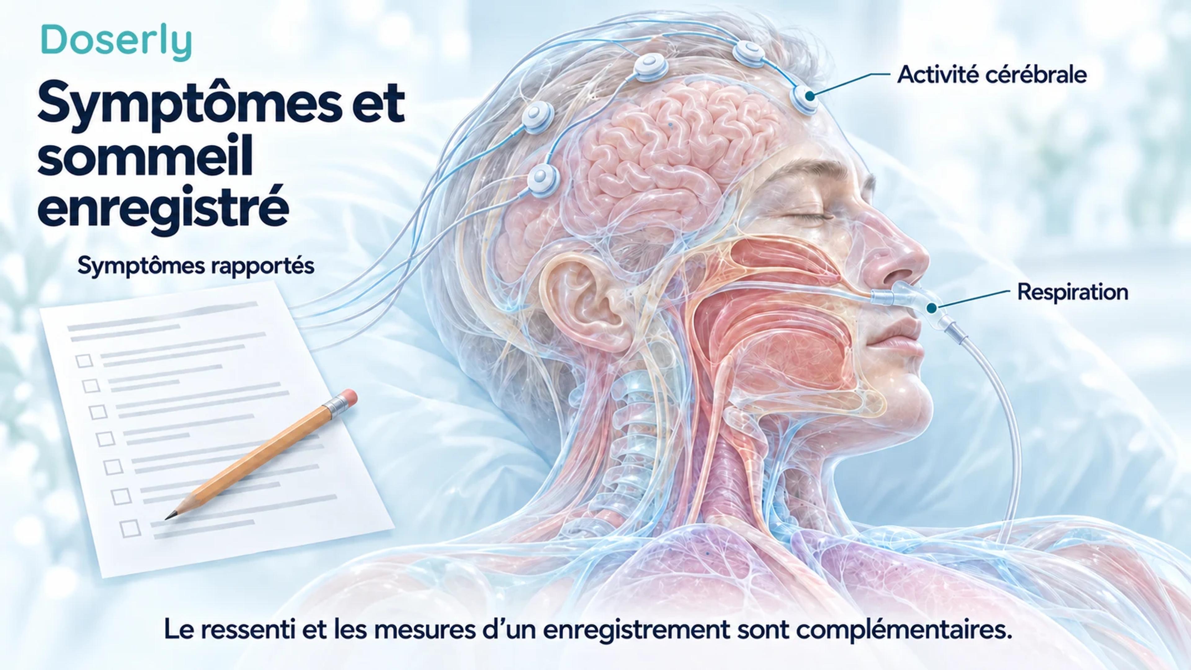 Tête translucide avec des électrodes sur le cuir chevelu et un capteur de débit d’air nasal, à côté d’un questionnaire sur les symptômes.