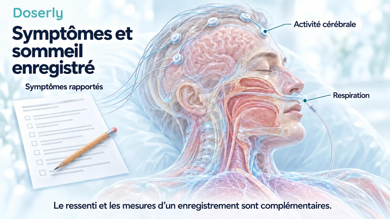 Tête translucide avec des électrodes sur le cuir chevelu et un capteur de débit d’air nasal, à côté d’un questionnaire sur les symptômes.
