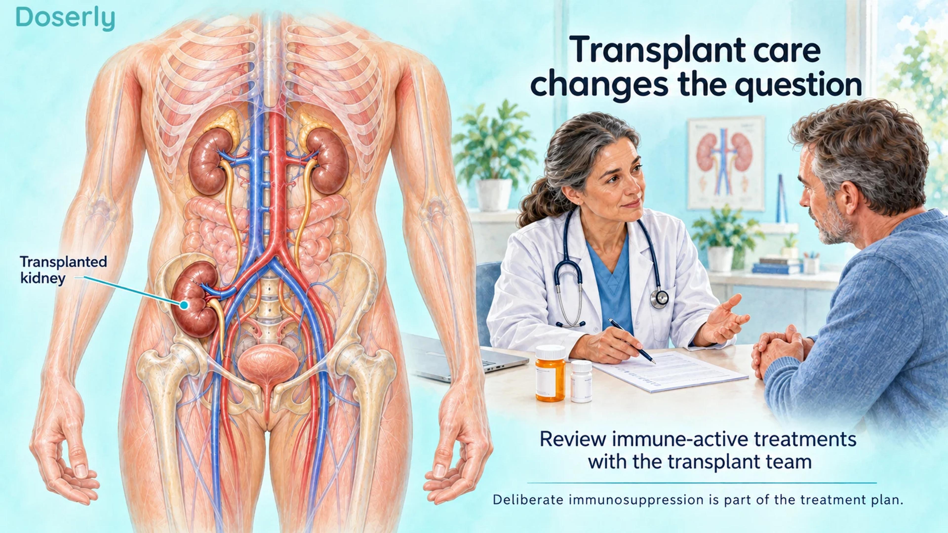 An anatomical illustration of a kidney graft in the lower abdomen beside a patient reviewing medicines with a clinician