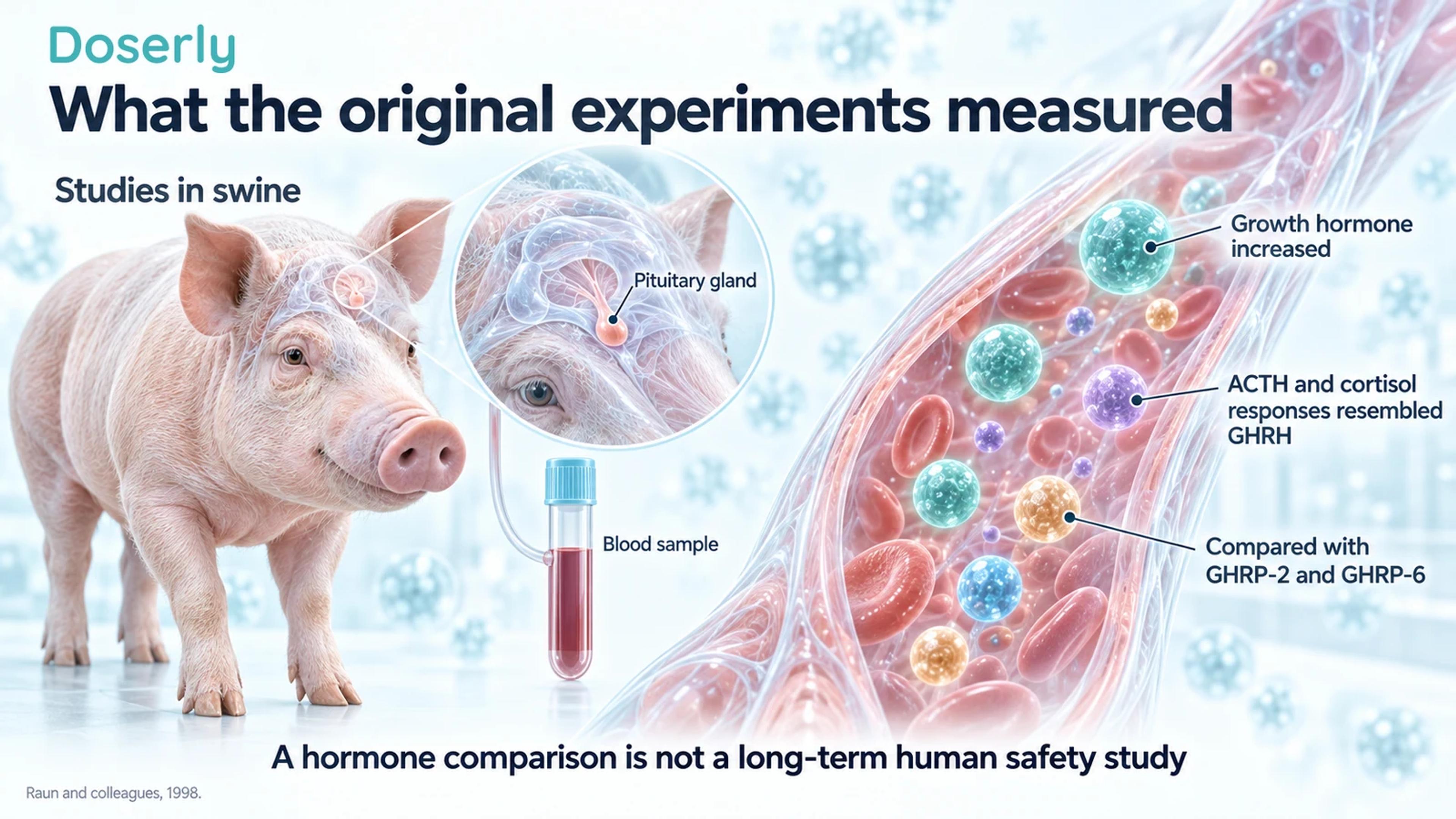 Pig, pituitary inset and conceptual blood sample explaining the hormones compared in the original ipamorelin study.