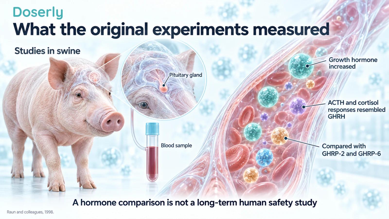 Pig, pituitary inset and conceptual blood sample explaining the hormones compared in the original ipamorelin study.
