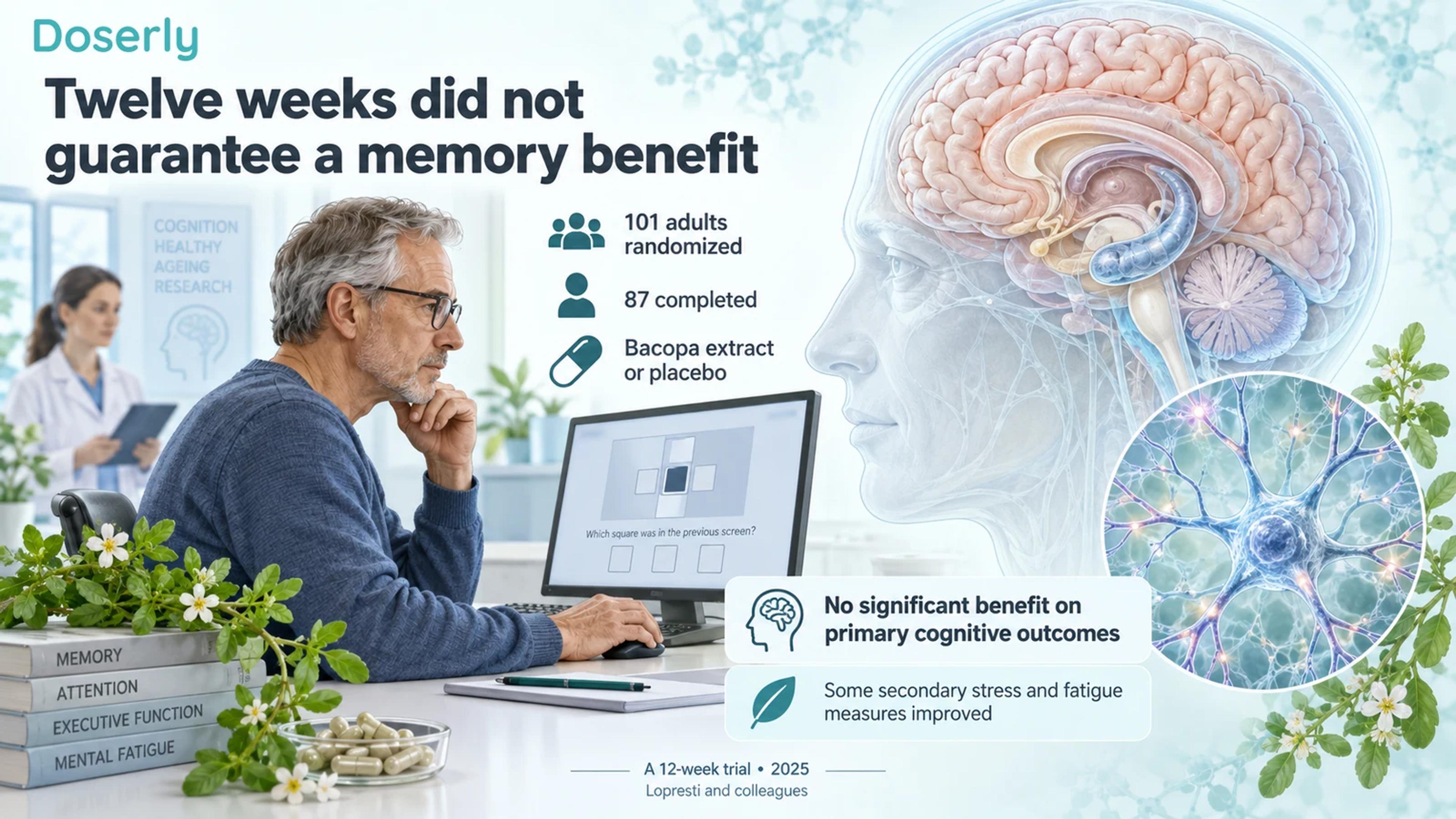 An adult completes a cognitive task beside conceptual brain anatomy and the 2025 trial's primary and secondary findings.