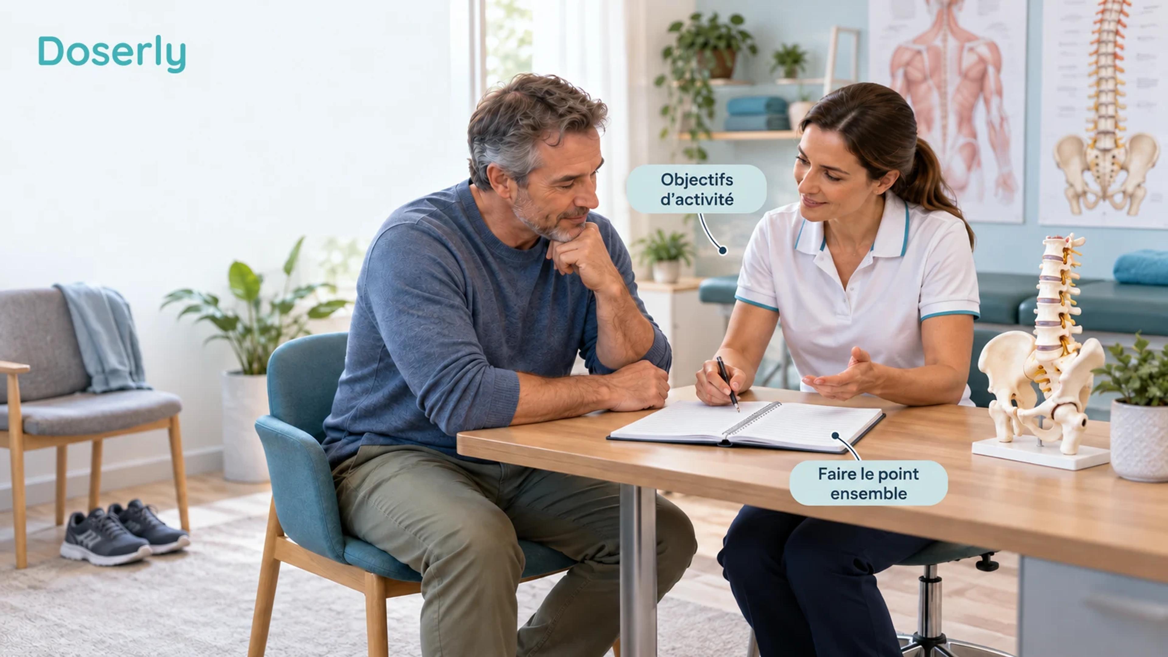 Illustration conceptuelle d’un clinicien et d’un patient examinant un simple journal d’activités vierge à côté d’un modèle lombaire, avec des chaussures de marche et une chaise représentant les objectifs quotidiens.