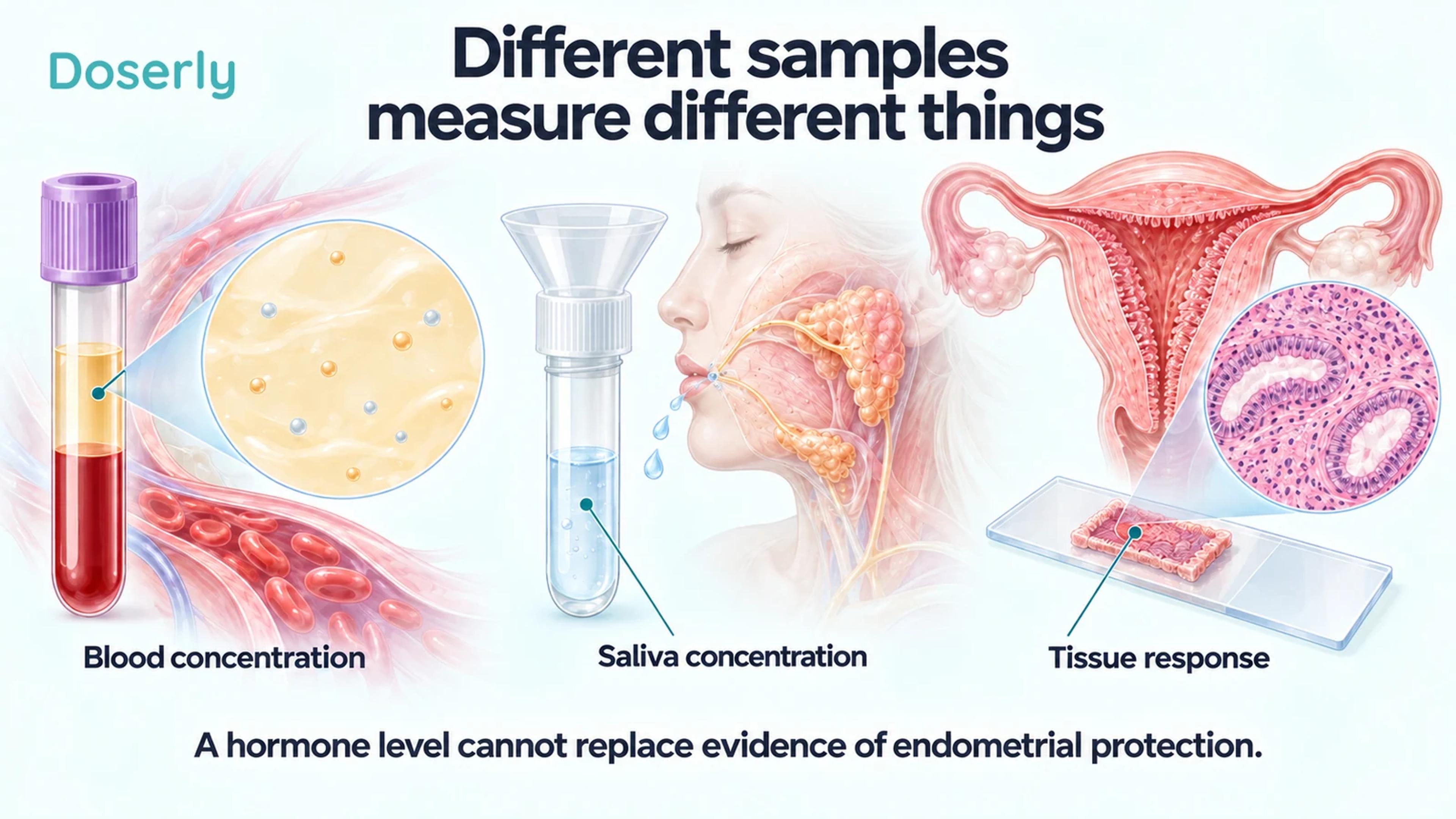 Blood and saliva samples alongside an endometrial tissue slide illustrate the difference between concentration measurements and tissue response.