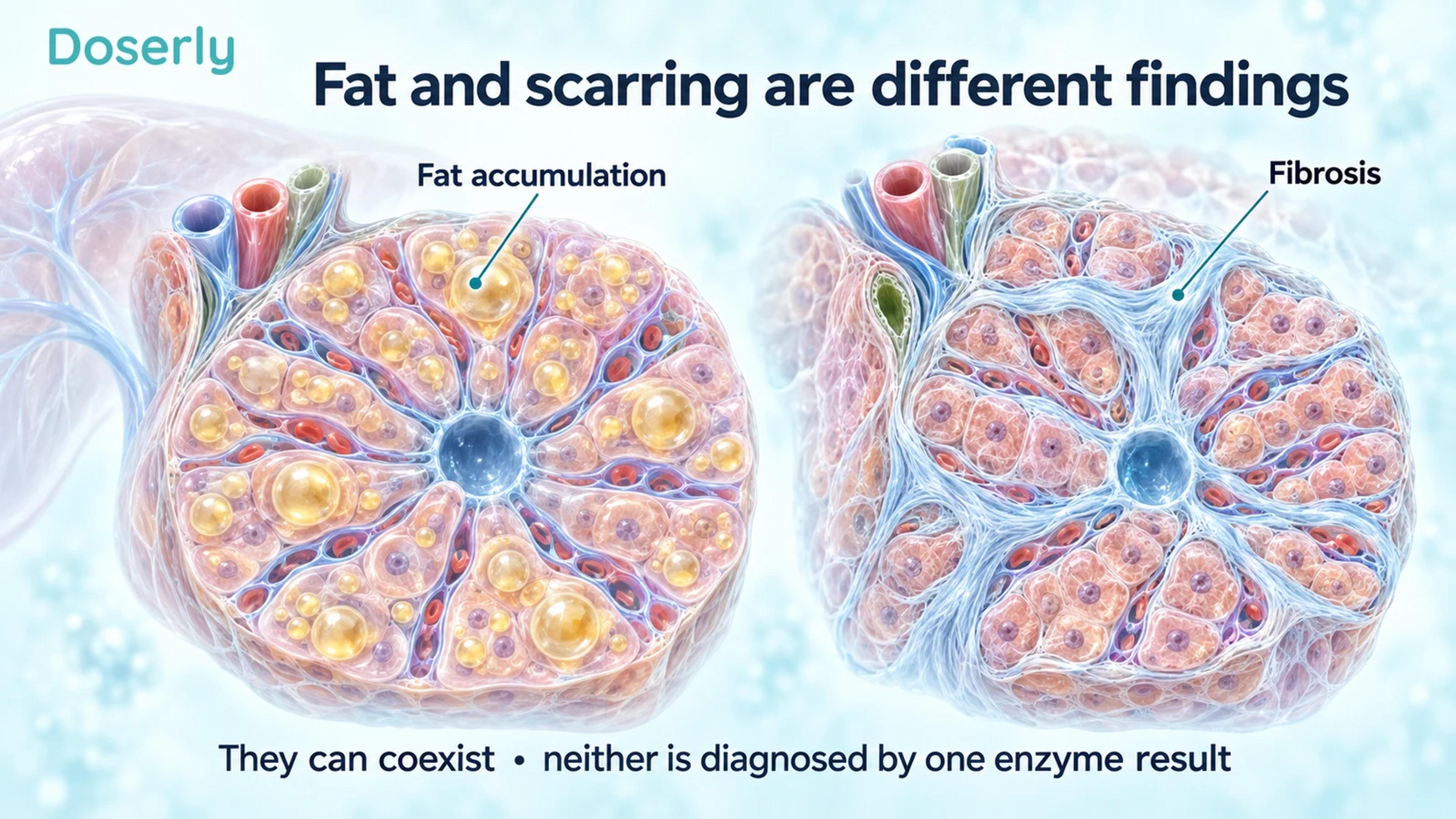 Two detailed liver-tissue illustrations compare fat droplets within hepatocytes with fibrous bands between cells, without suggesting a treatment effect.