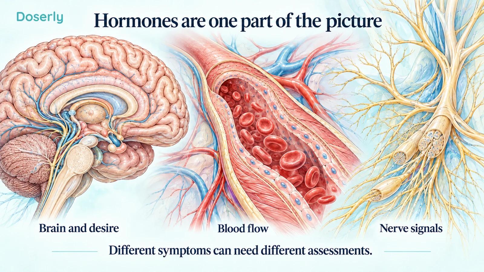 Detailed illustrations of the brain, an artery, and peripheral nerves show different contributors to sexual health.